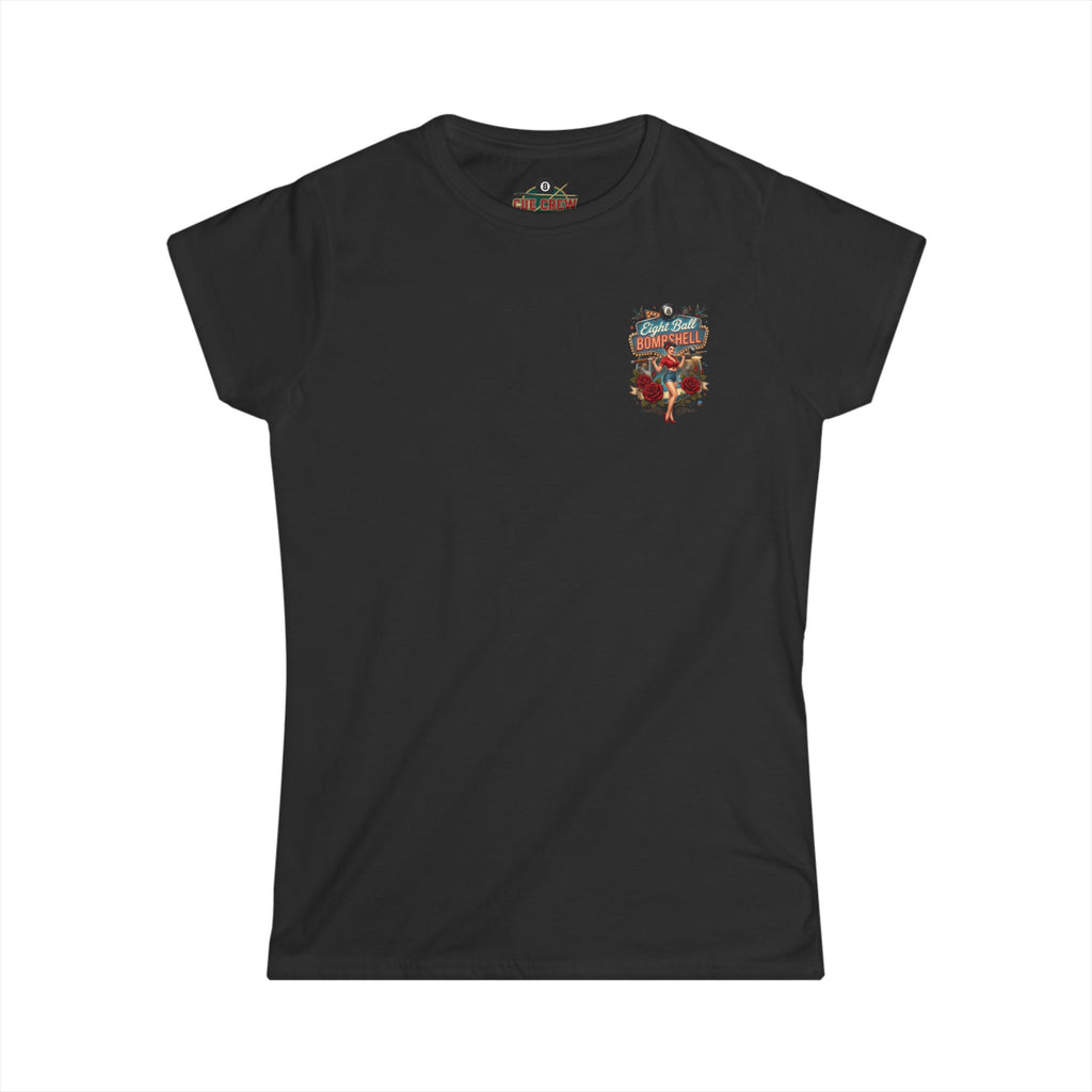 Eight Ball Bombshell V2 Women's Billiards T-Shirt | Retro Pin-Up Pool Player Graphic Tee | Front & Back Print