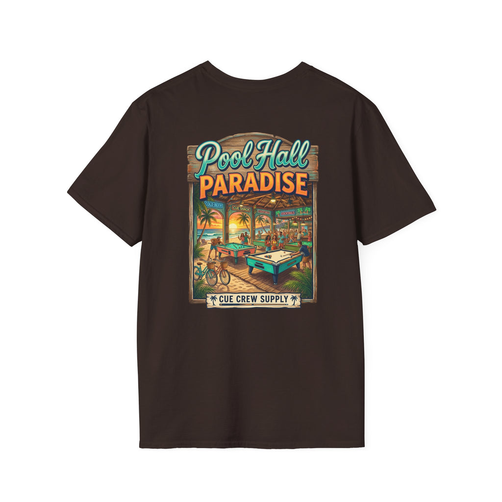 Pool Hall Paradise Tropical Billiards T-Shirt | Beach Bar Pool Player Graphic Tee | Front & Back Print