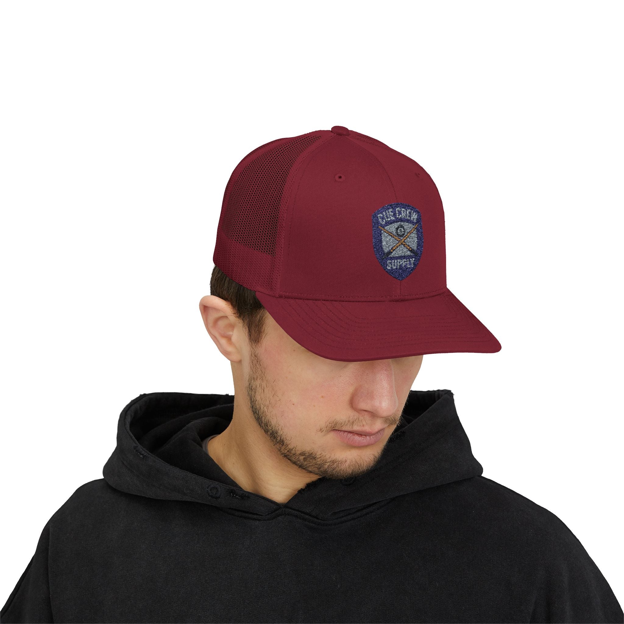 Cue Crew Supply V1 Embroidered Patch Trucker Hat - Yupoong