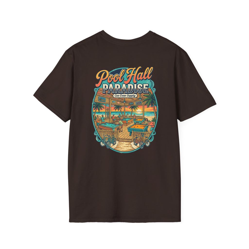 Pool Hall Paradise Beach Billiards T-Shirt V1 | Tropical Pool Player Graphic Tee | Front & Back Print
