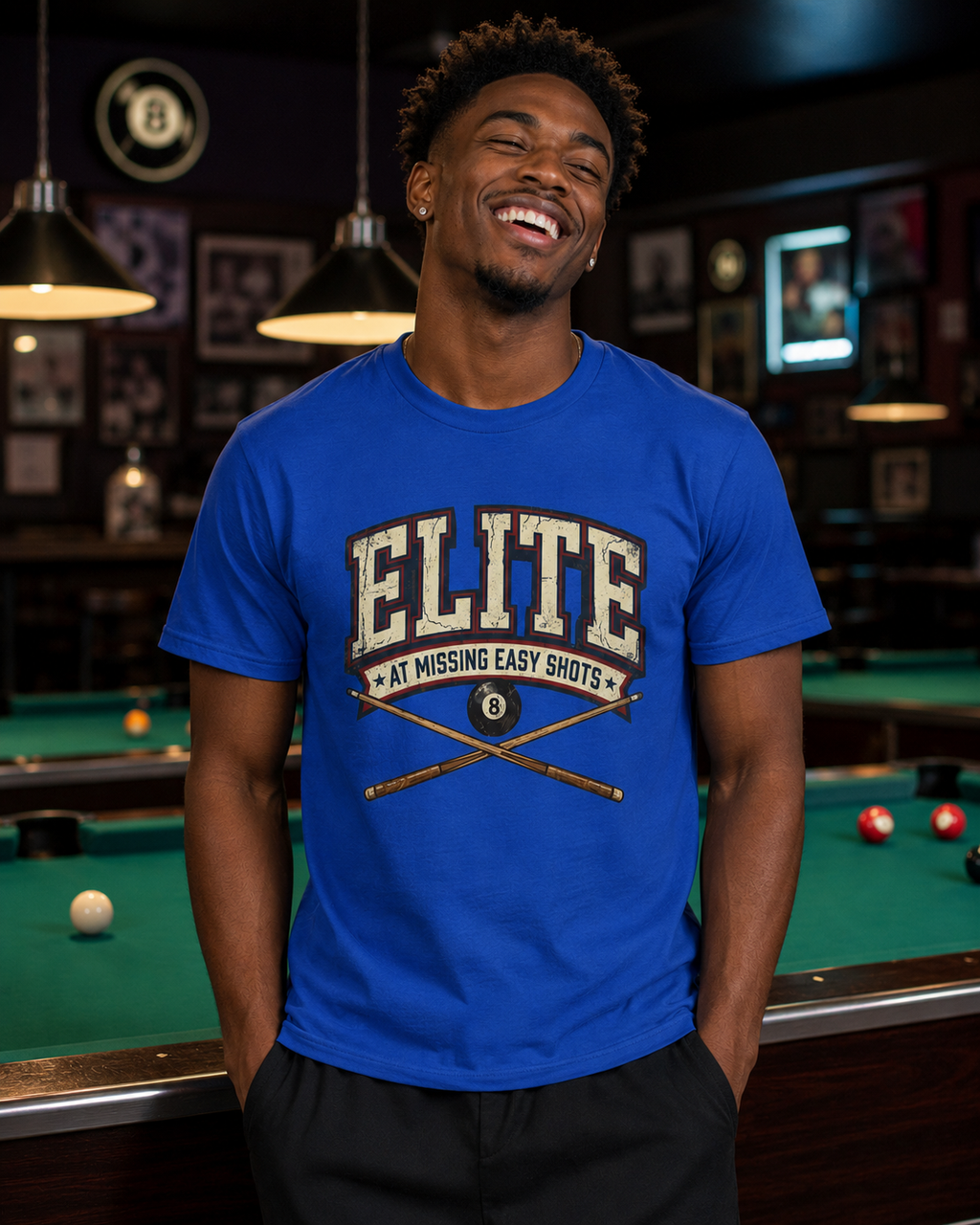 Elite at Missing Easy Shots V2 Funny Billiards T-Shirt | Vintage 8 Ball Pool Player Graphic Unisex Tee