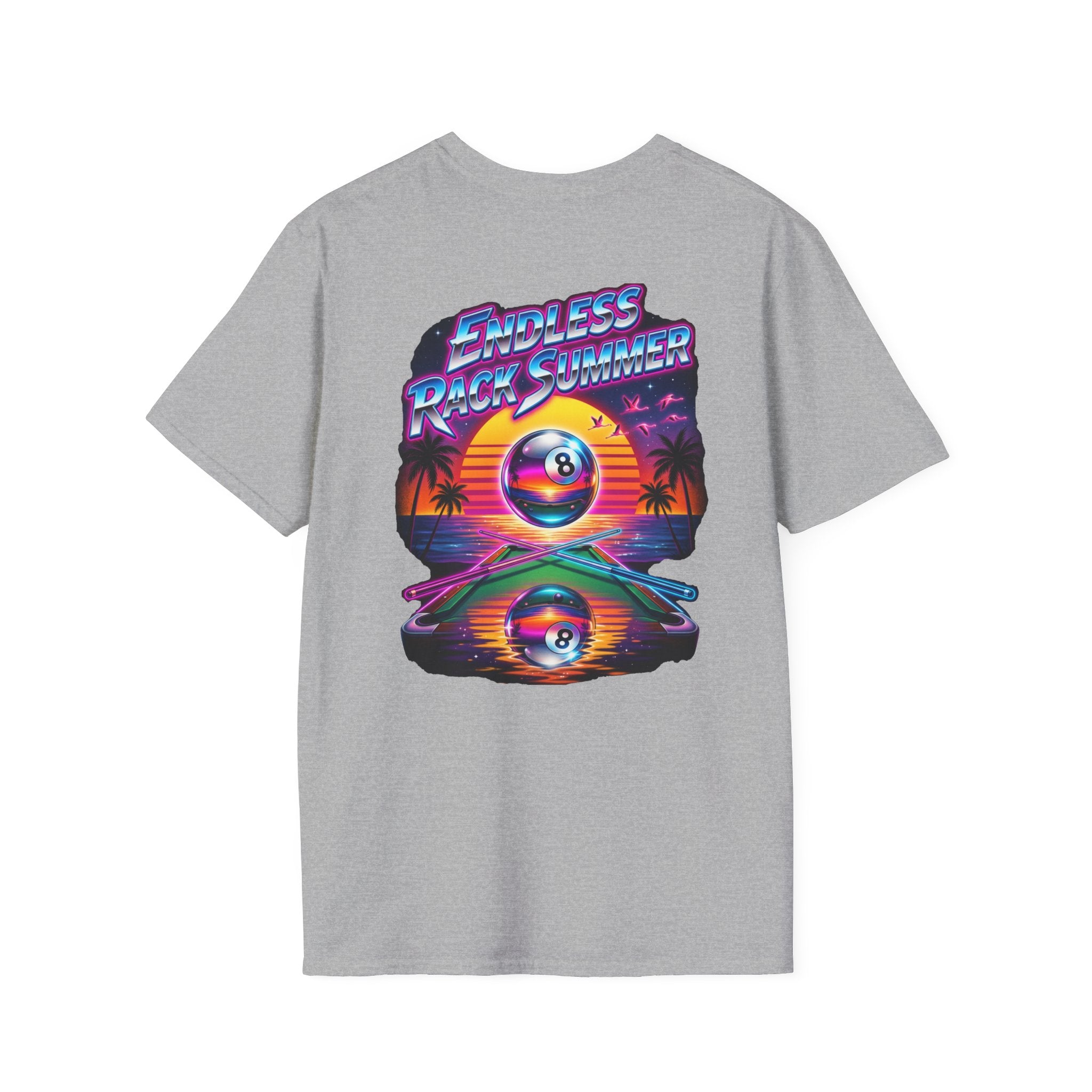 Endless Rack Summer Retro Sunset Billiards T-Shirt | Tropical 8 Ball Pool Player Graphic Tee | Front & Back Print