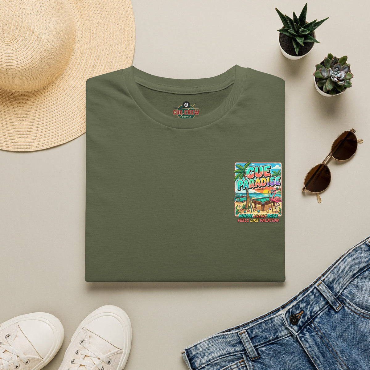 Cue Paradise Florida Billiards T-Shirt | Tropical Pool Player Beach Graphic Tee | Front & Back Print