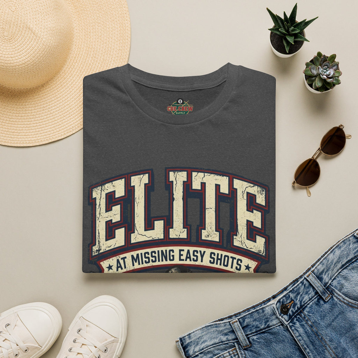 Elite at Missing Easy Shots V2 Funny Billiards T-Shirt | Vintage 8 Ball Pool Player Graphic Unisex Tee