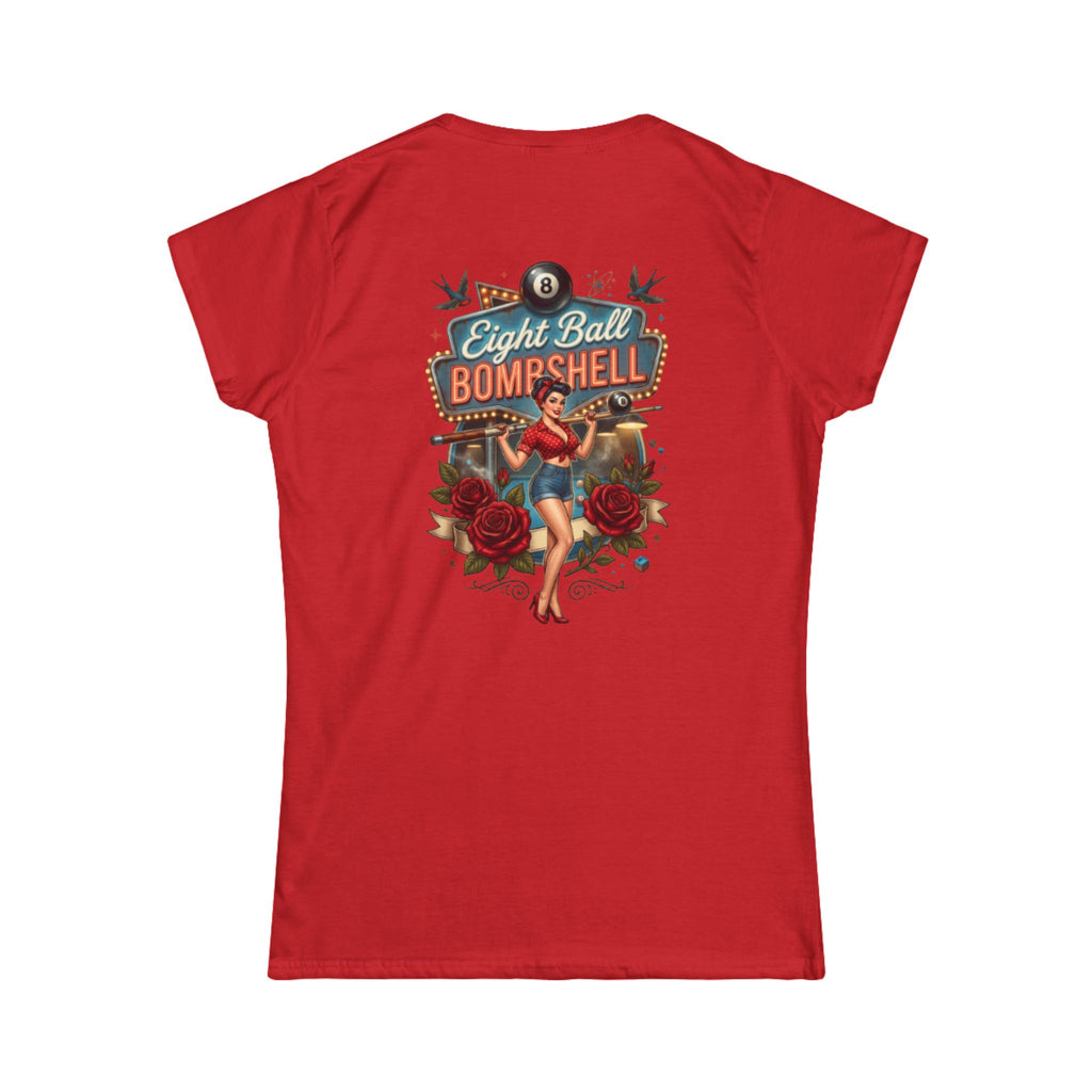 Eight Ball Bombshell V2 Women's Billiards T-Shirt | Retro Pin-Up Pool Player Graphic Tee | Front & Back Print