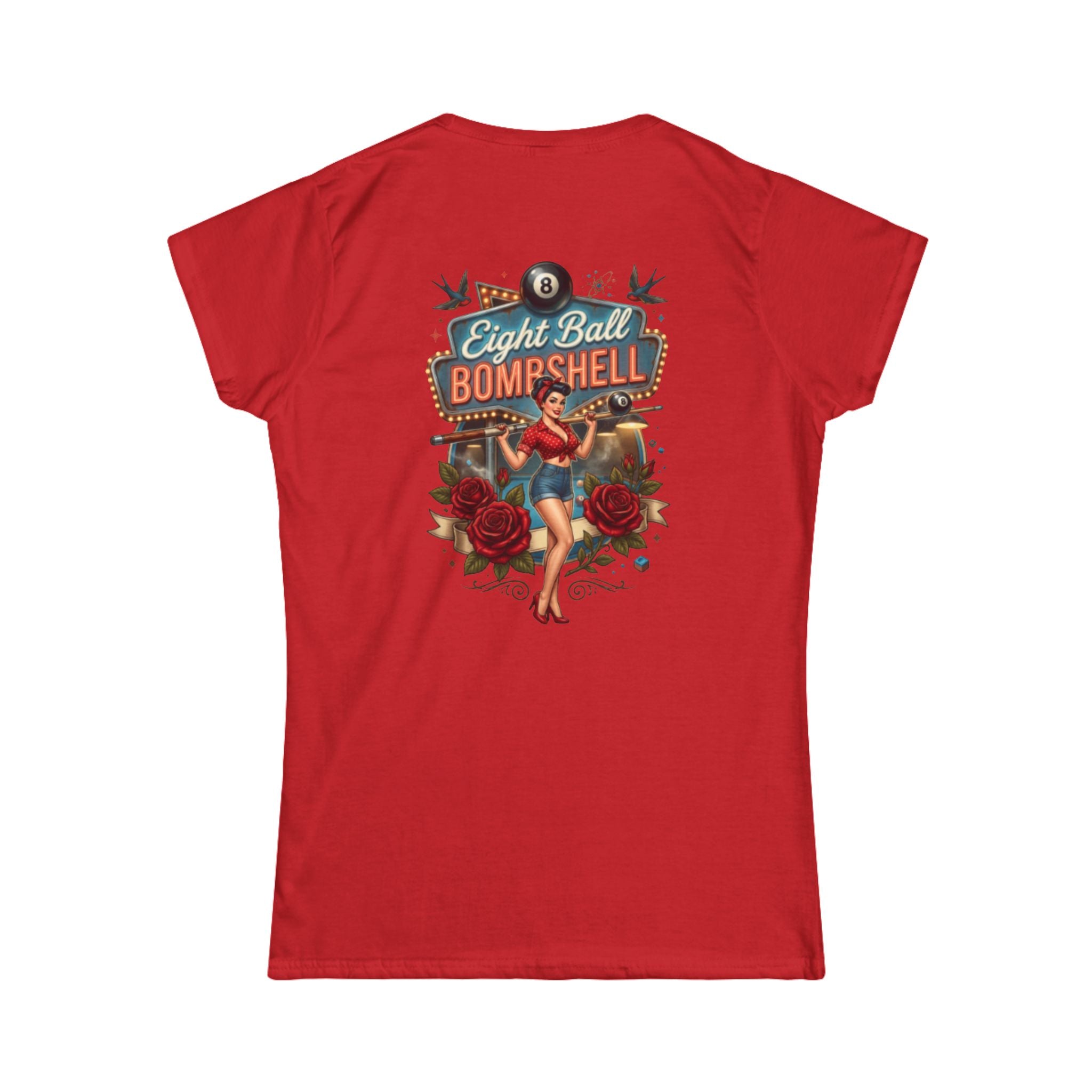 Eight Ball Bombshell V2 Women's Billiards T-Shirt | Retro Pin-Up Pool Player Graphic Tee | Front & Back Print