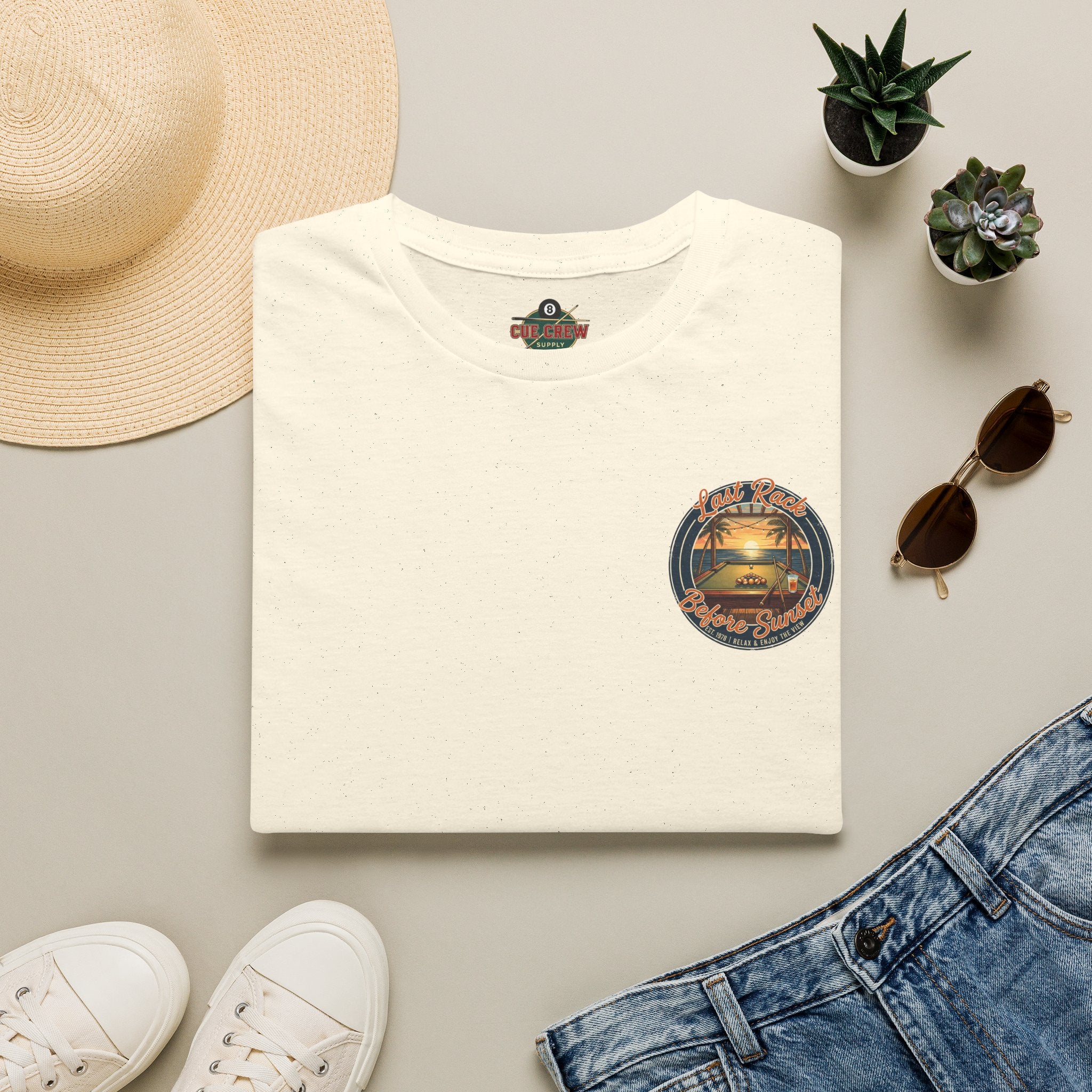 Last Rack Before Sunset Billiards T-Shirt | Tropical Pool Player Beach Graphic Tee | Front & Back Print