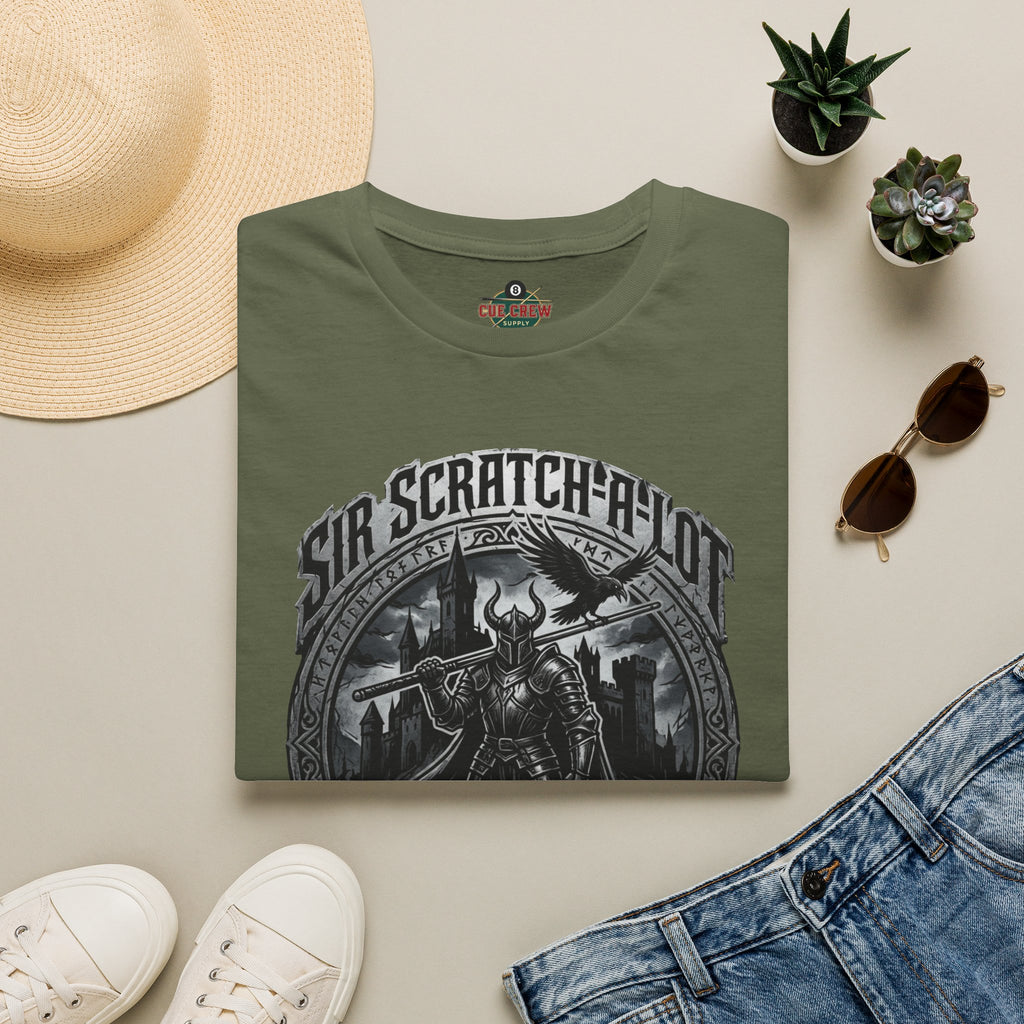 Sir Scratch-A-Lot Funny Billiards T-Shirt | Medieval Pool Knight Graphic | Front Only Print Unisex Tee