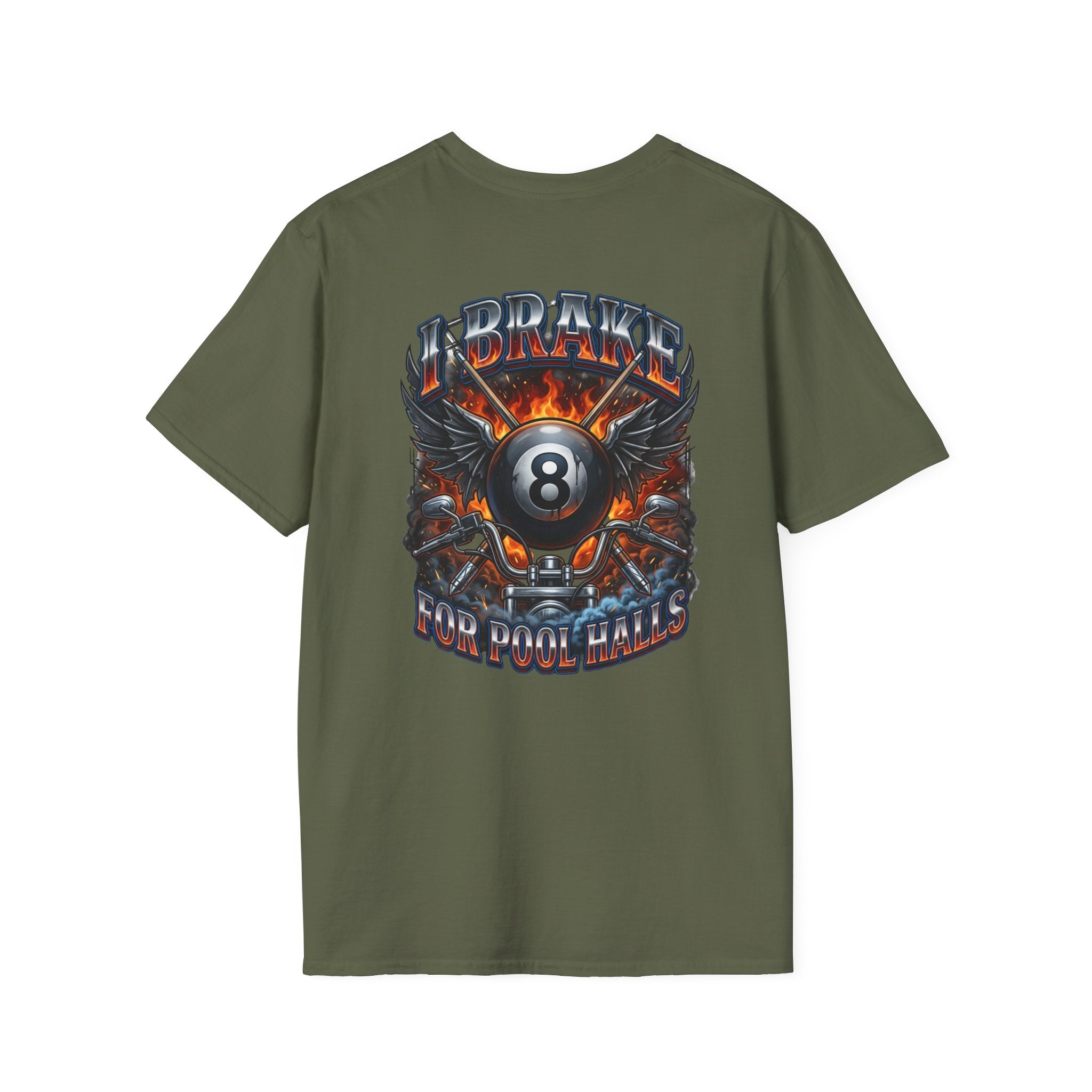 I Brake for Pool Halls Biker 8 Ball Pool Player T-Shirt | Front & Back Graphic Tee