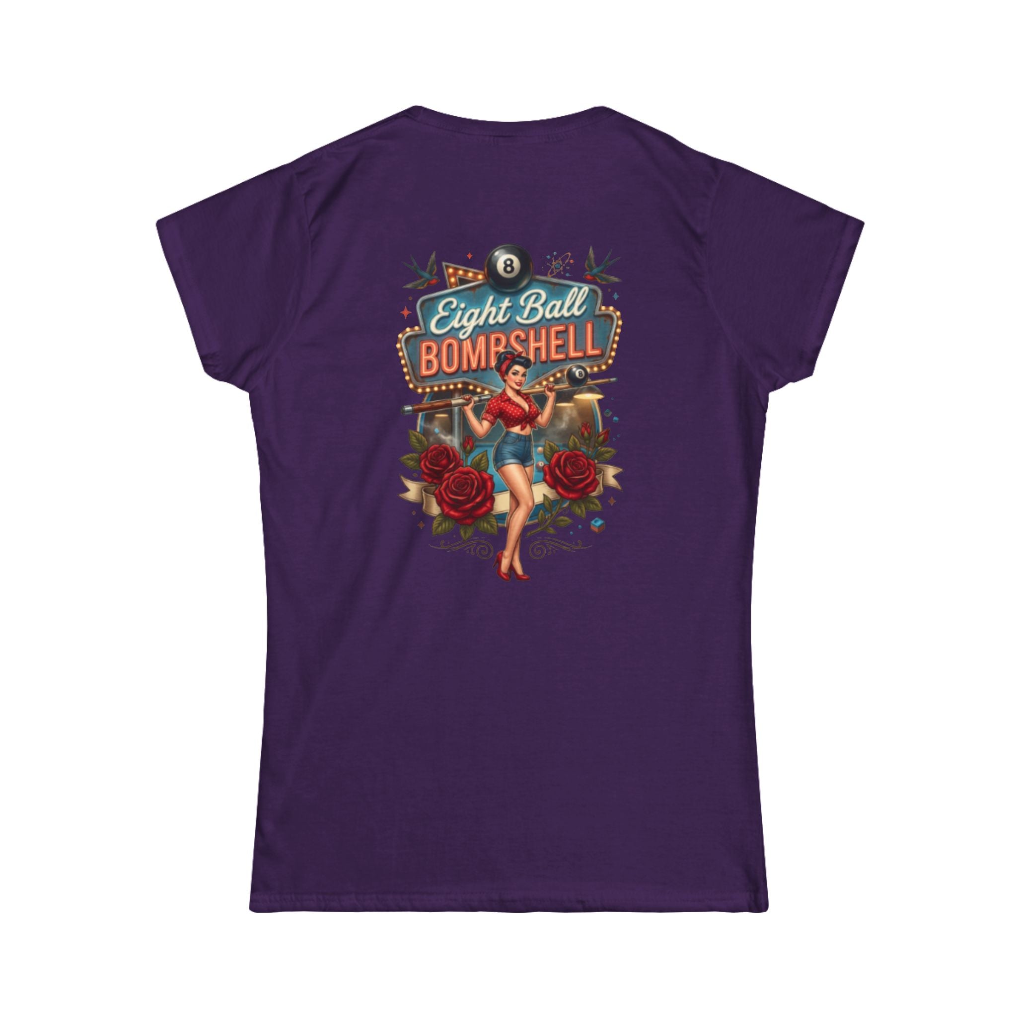 Eight Ball Bombshell V2 Women's Billiards T-Shirt | Retro Pin-Up Pool Player Graphic Tee | Front & Back Print