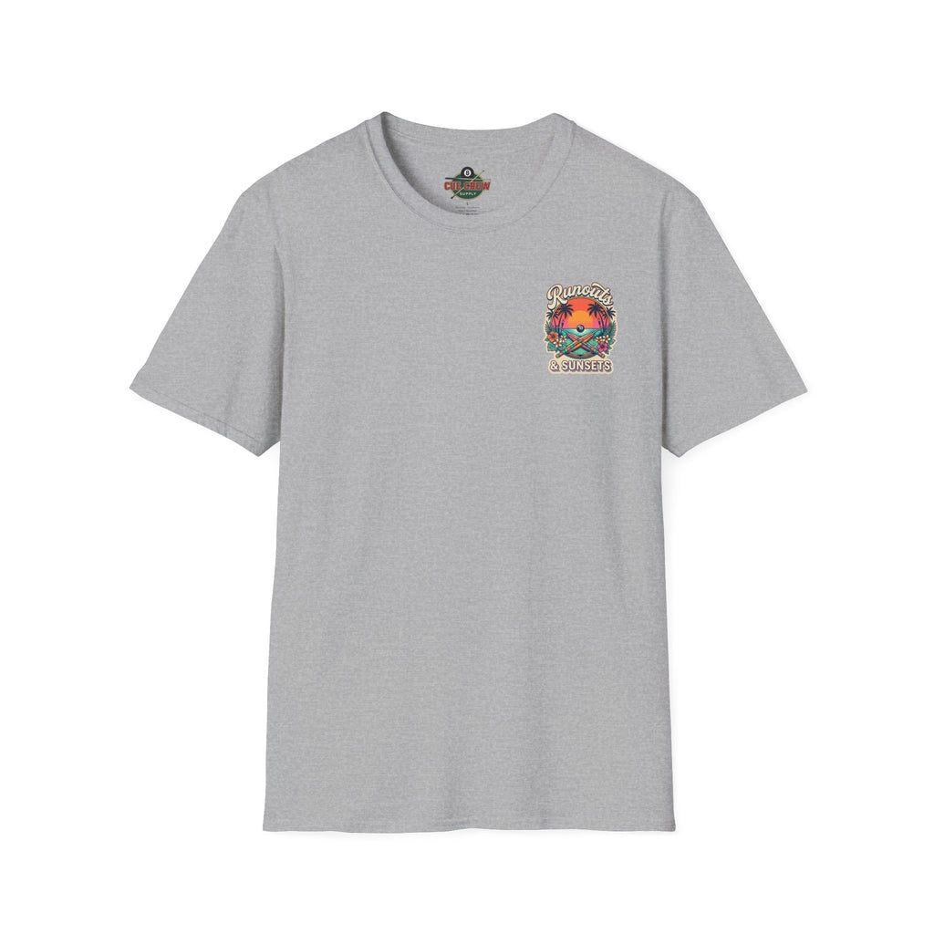 Runouts & Sunsets Tropical Billiards T-Shirt | Beach Pool Player Graphic Tee | Front & Back Print
