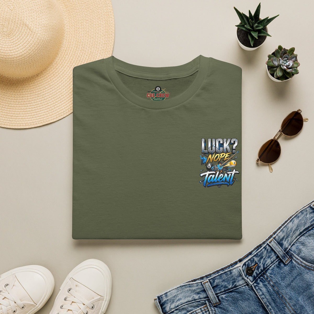 Luck? Nope. Talent. Funny Billiards T-Shirt | Pool Player Graphic Tee | Front & Back Print