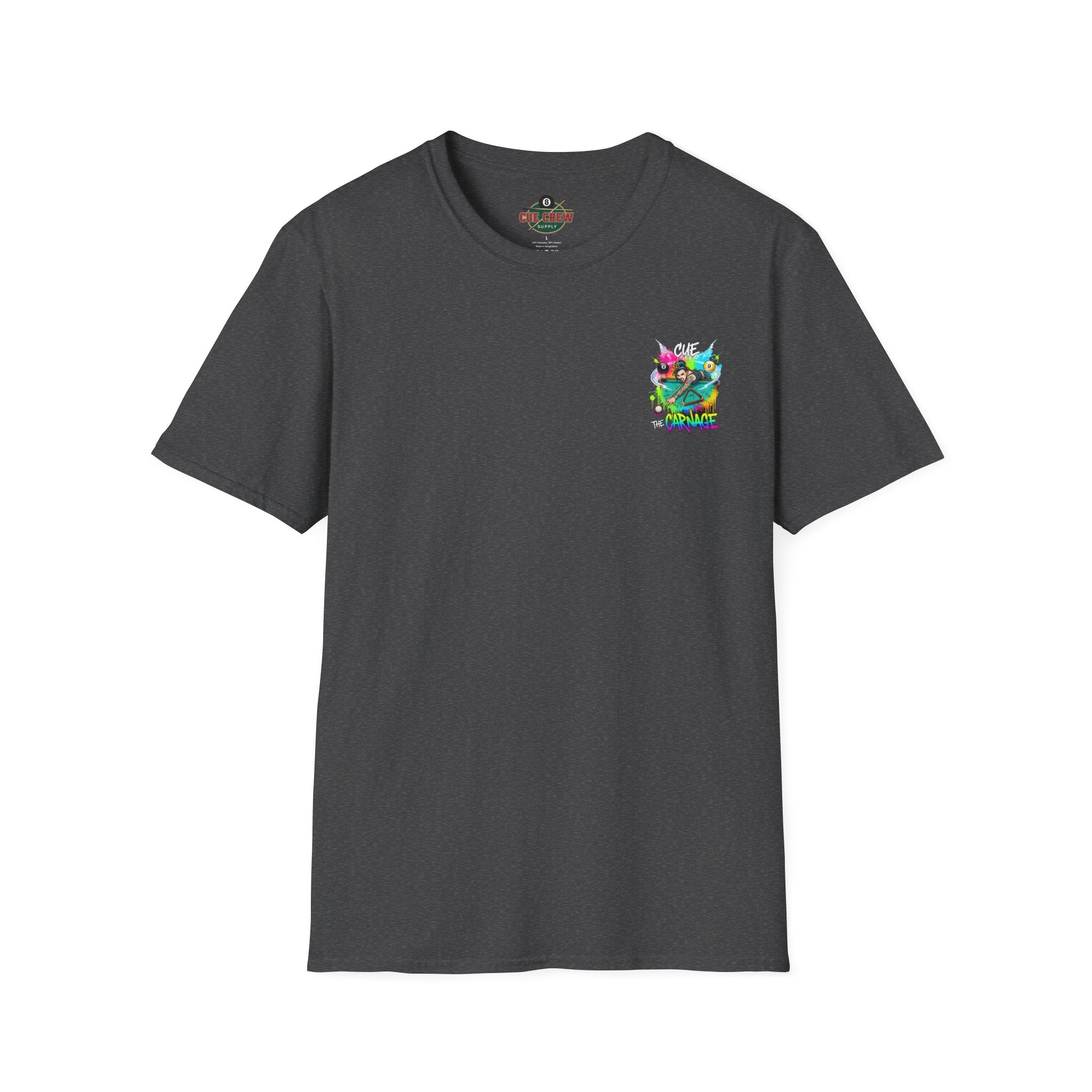 Cue the Carnage Funny Billiards T-Shirt – Tattooed Pool Shark Graphic Tee | Front & Back Print