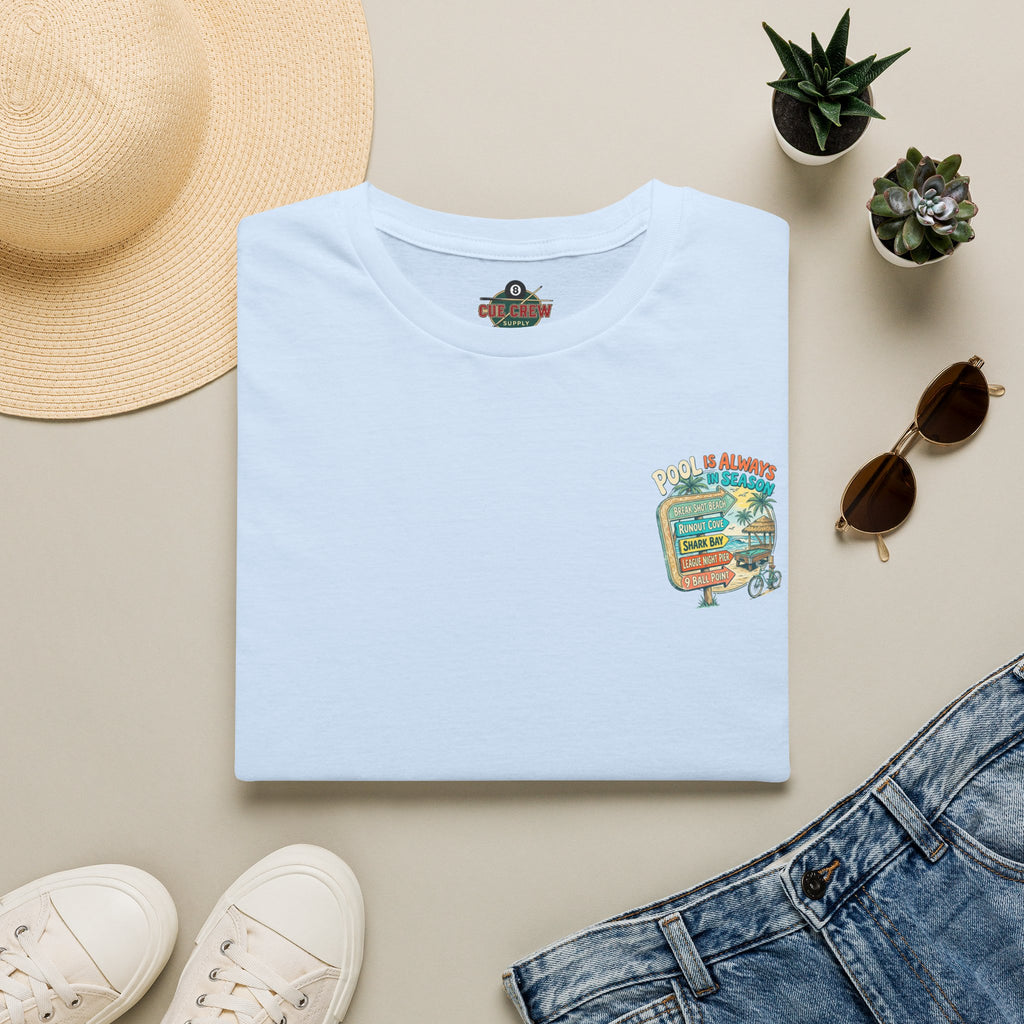 Pool Is Always in Season Billiards T-Shirt | Beach Pool Player Graphic Tee | Tropical Runout Cove Front & Back Print