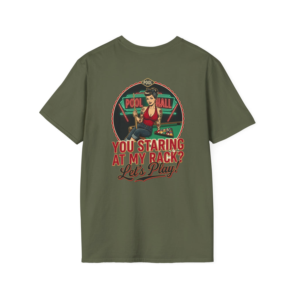 You Staring at My Rack? Let's Play! Funny Billiards T-Shirt | Retro Pool Hall Pin-Up Graphic Tee | Front & Back Print