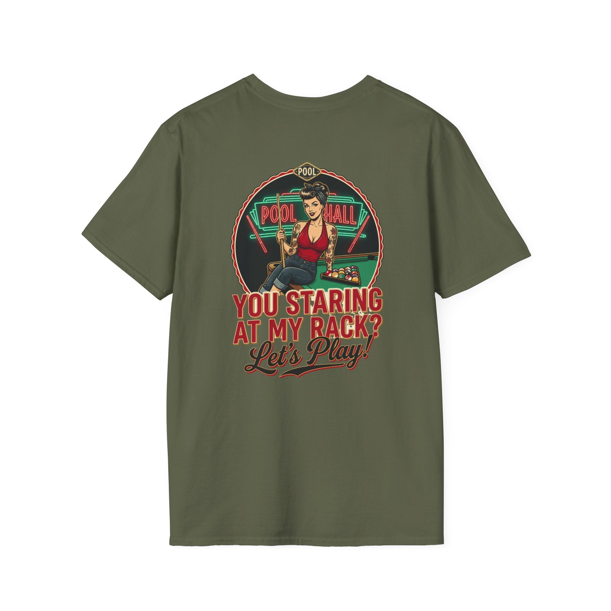 You Staring at My Rack? Let's Play! Funny Billiards T-Shirt | Retro Pool Hall Pin-Up Graphic Tee | Front & Back Print