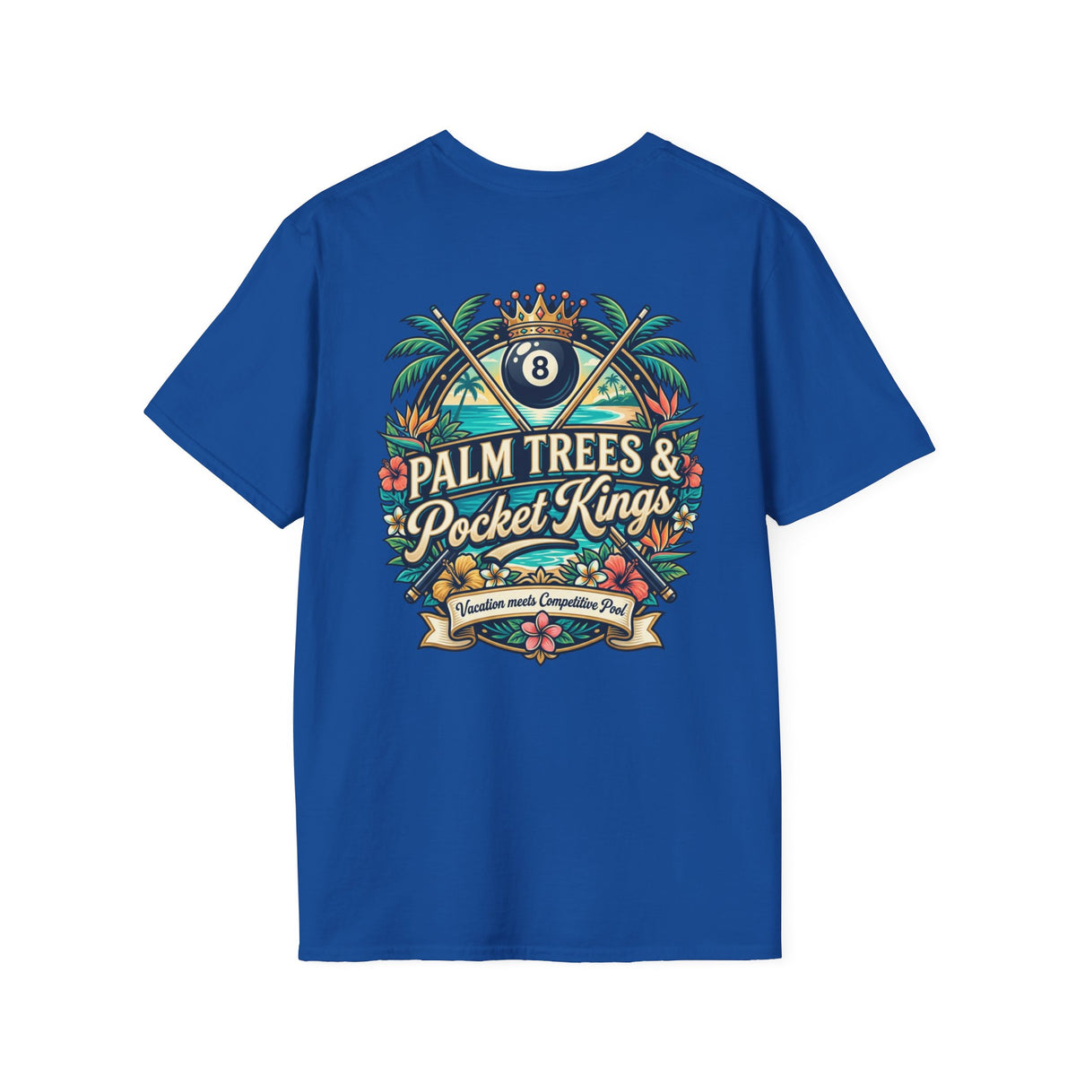Palm Trees & Pocket Kings Billiards T-Shirt | Tropical Pool Player Graphic Tee | Vacation Pool Hall Shirt | Front & Back Print