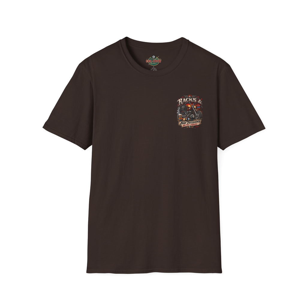 Racks & Bad Decisions Better Stories – Biker Billiards T-Shirt – Front & Back Pool Tee