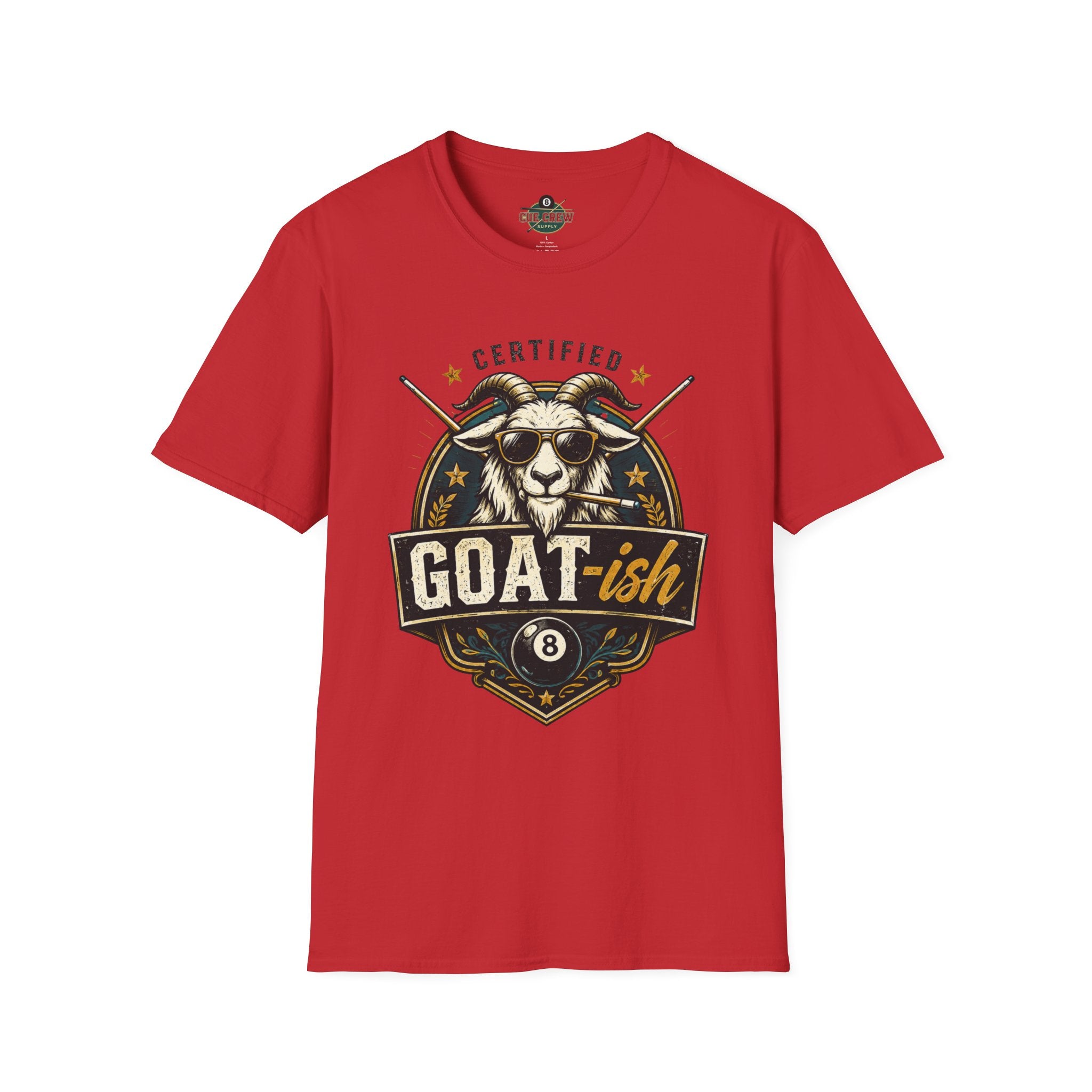 Certified GOAT-ish Funny Billiards T-Shirt | Pool Player Graphic Unisex Tee | 8 Ball Goat Design - Front Only