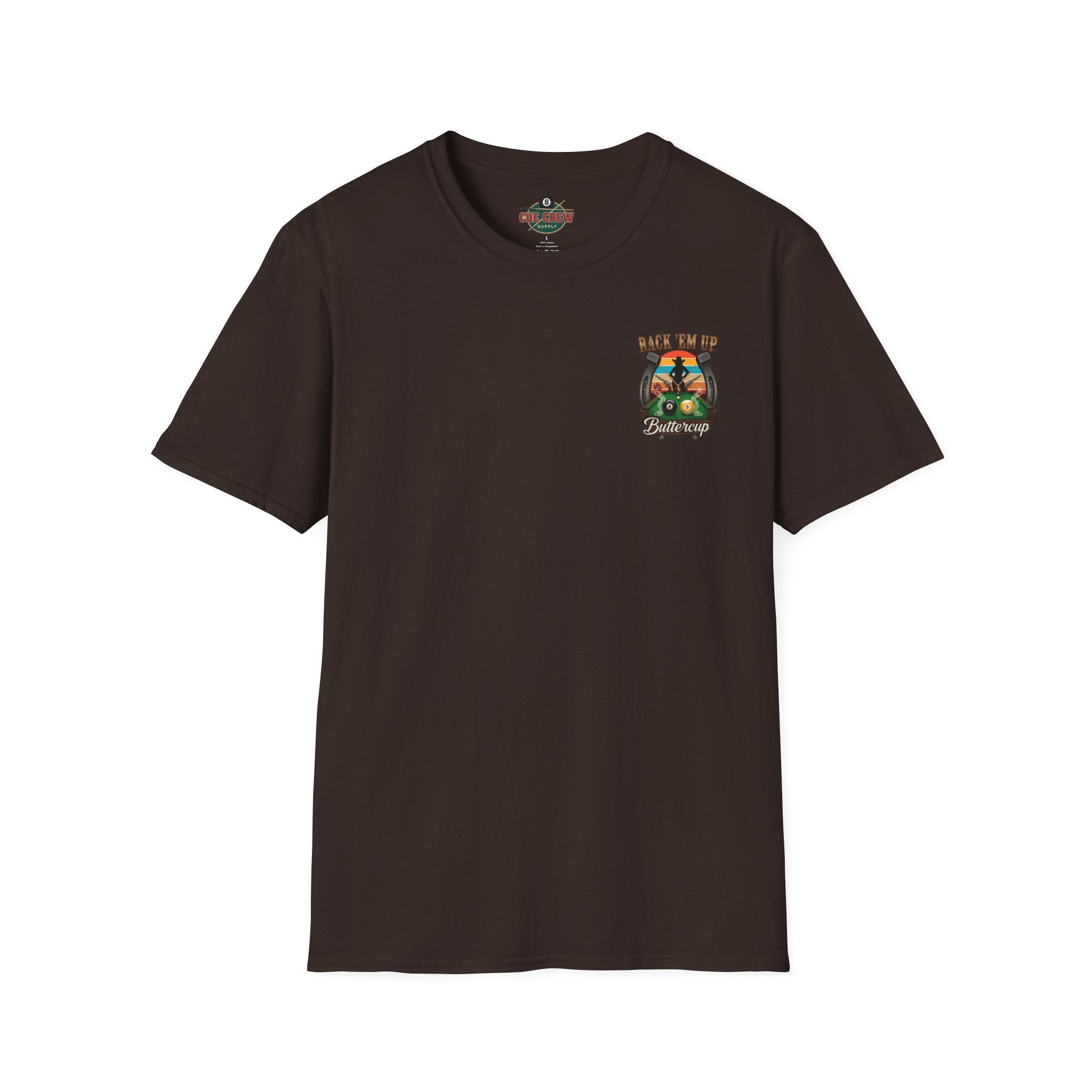 Rack 'Em Up Buttercup Funny Cowgirl Billiards T-Shirt V3| Western Pool Player Graphic Tee | Front & Back Print