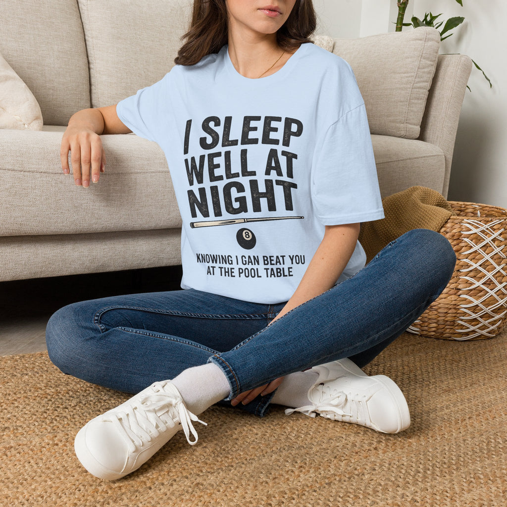 I Sleep Well at Night Funny Billiards T-Shirt – Pool Player 8 Ball Graphic Tee