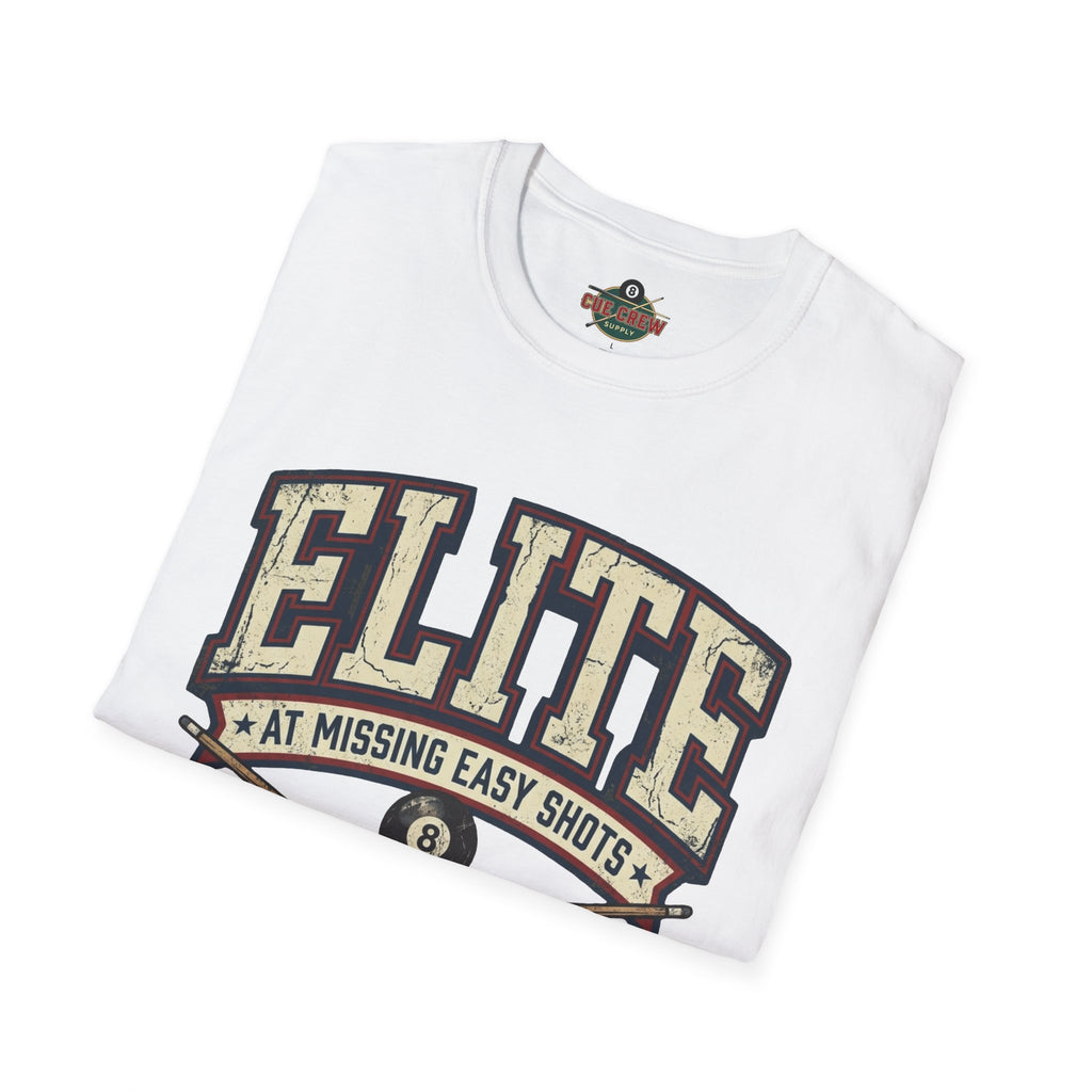 Elite at Missing Easy Shots V2 Funny Billiards T-Shirt | Vintage 8 Ball Pool Player Graphic Unisex Tee