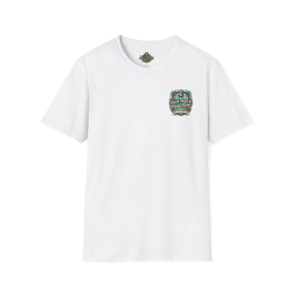 Palm Trees & Pocket Kings Billiards T-Shirt | Tropical Pool Player Graphic Tee | Vacation Pool Hall Shirt | Front & Back Print