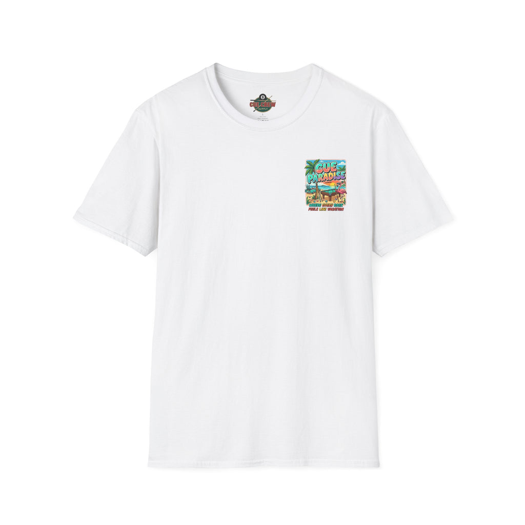Cue Paradise Florida Billiards T-Shirt | Tropical Pool Player Beach Graphic Tee | Front & Back Print