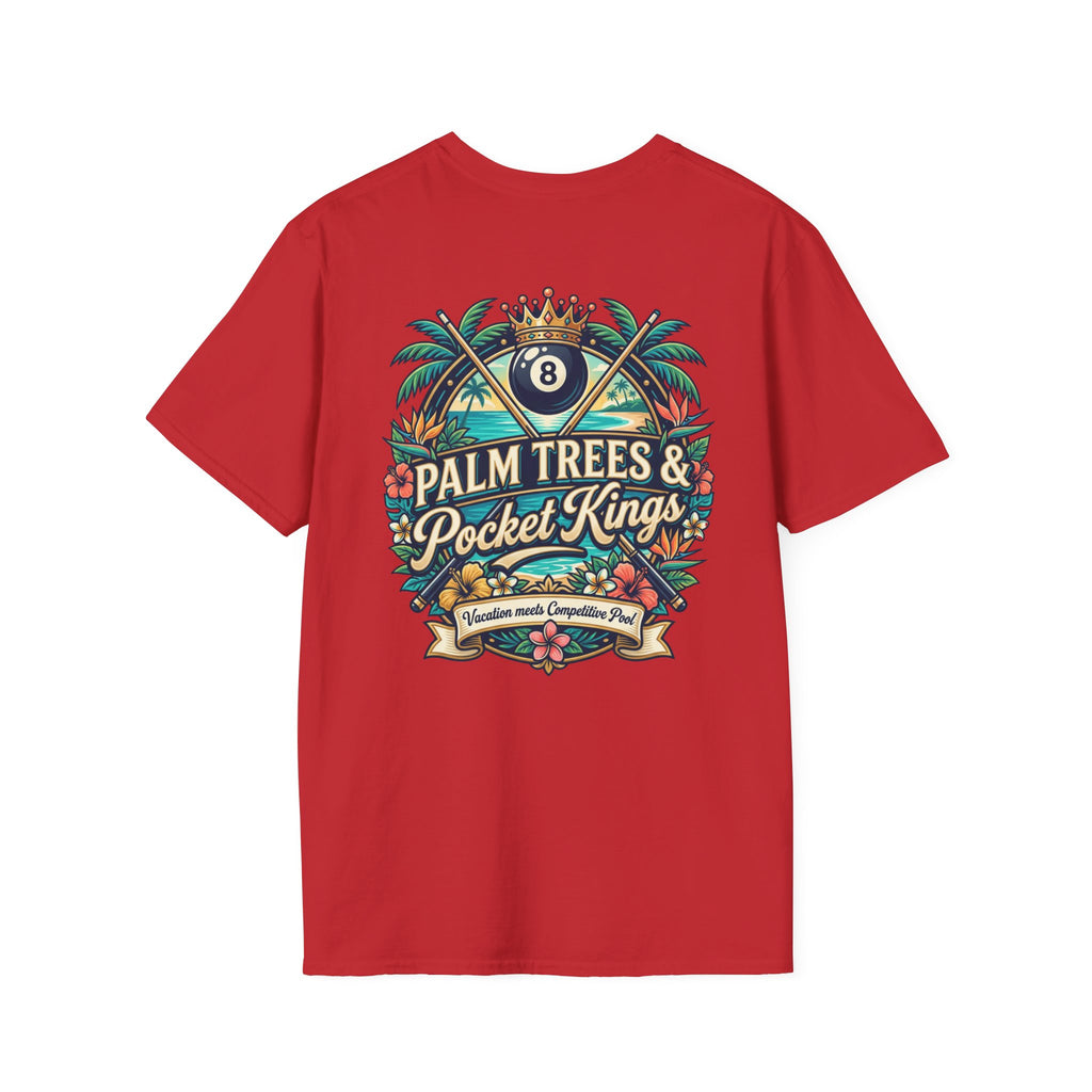 Palm Trees & Pocket Kings Billiards T-Shirt | Tropical Pool Player Graphic Tee | Vacation Pool Hall Shirt | Front & Back Print