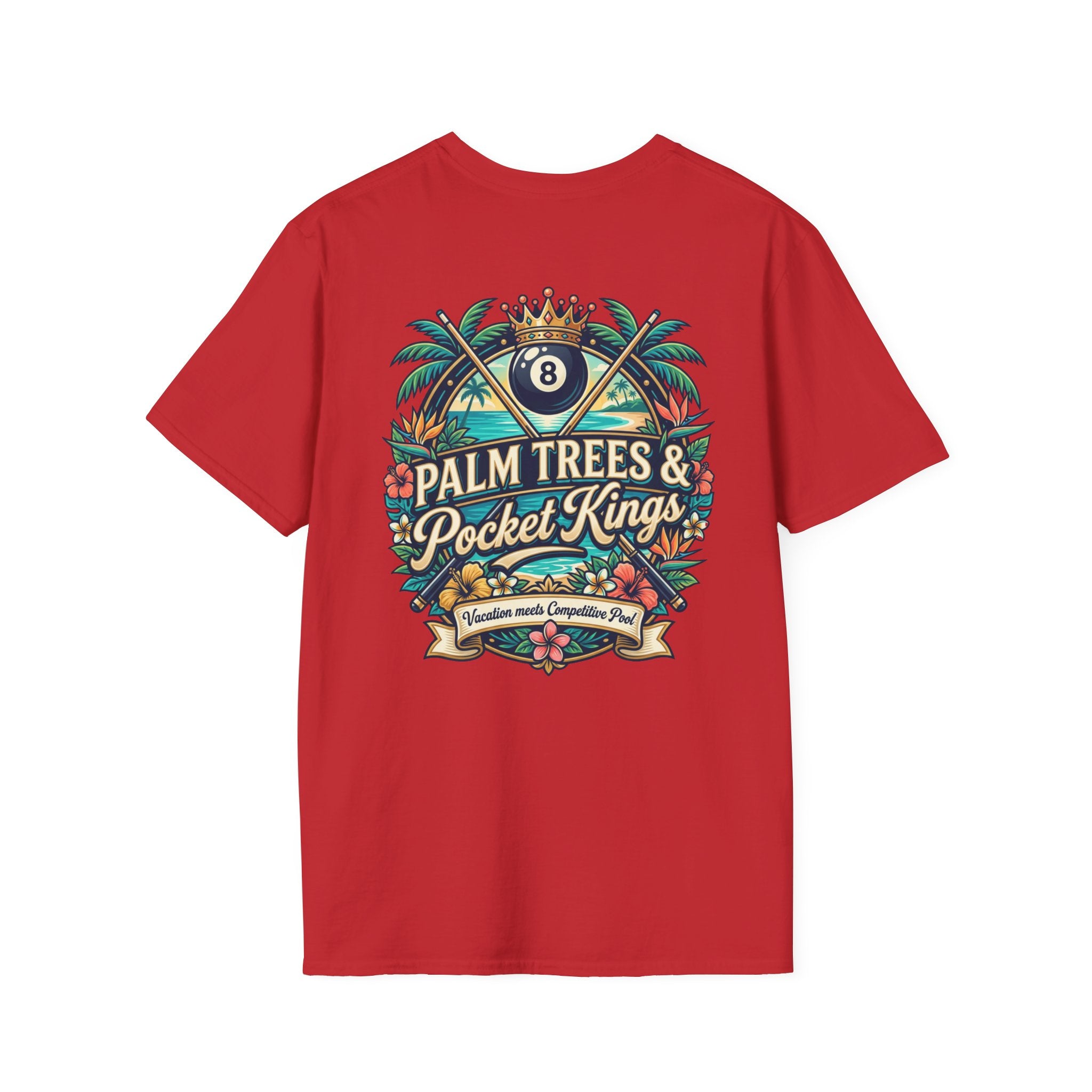 Palm Trees & Pocket Kings Billiards T-Shirt | Tropical Pool Player Graphic Tee | Vacation Pool Hall Shirt | Front & Back Print