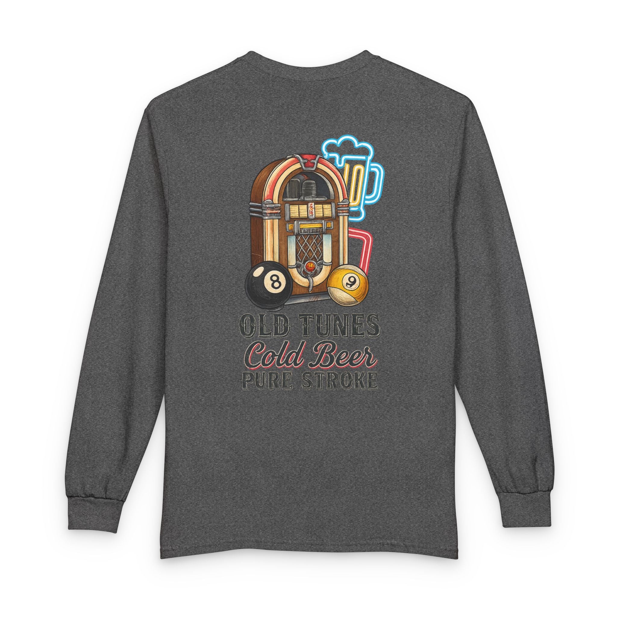 Old Tunes, Cold Beer, Pure Stroke Vintage Jukebox Billiards Long Sleeve Tee