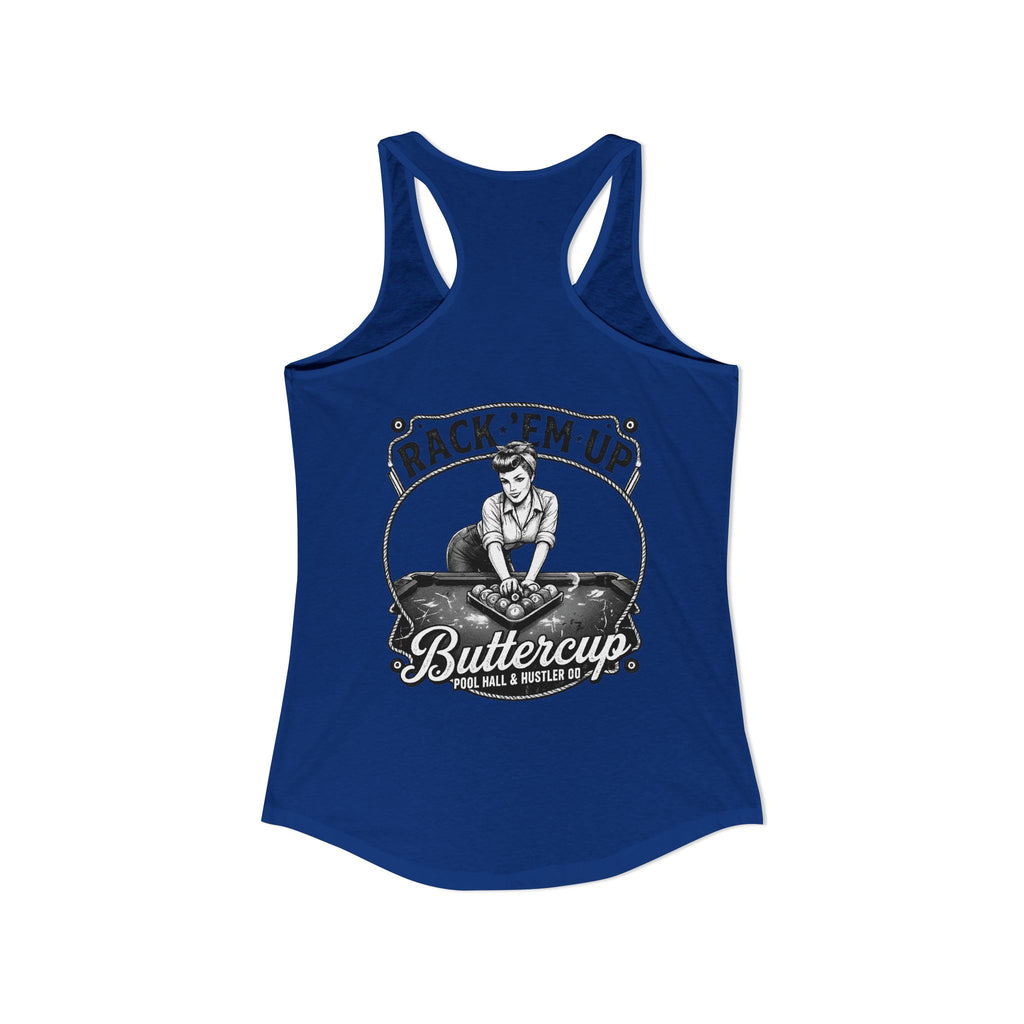 Rack 'Em Up Buttercup Women's Racerback Tank Top | Vintage Pool Hall Billiards Graphic Tank | Cue Crew Supply