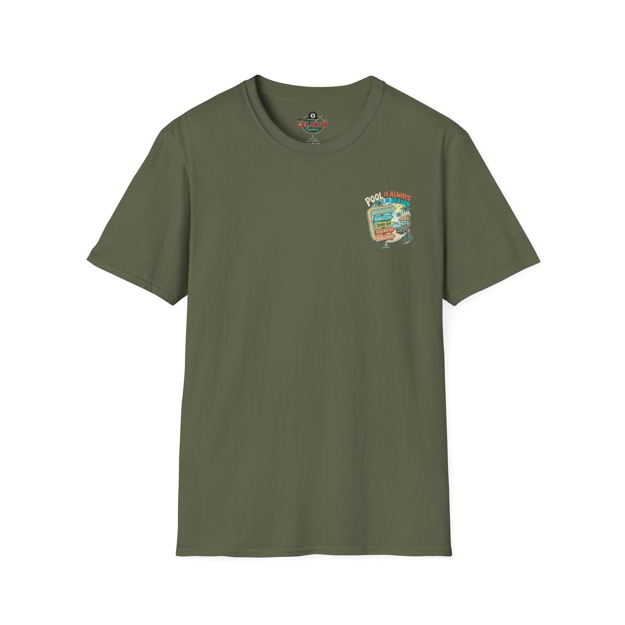 Pool Is Always in Season Billiards T-Shirt | Beach Pool Player Graphic Tee | Tropical Runout Cove Front & Back Print