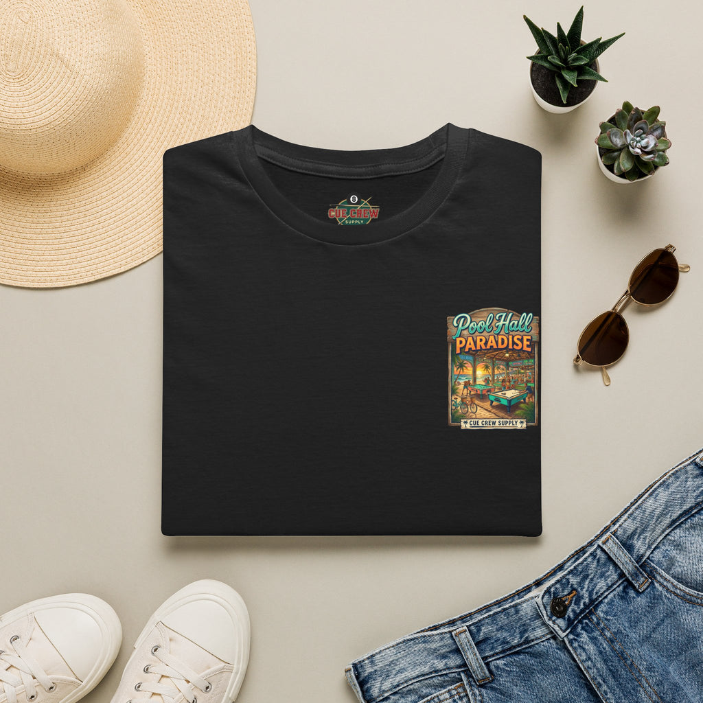 Pool Hall Paradise Tropical Billiards T-Shirt | Beach Bar Pool Player Graphic Tee | Front & Back Print