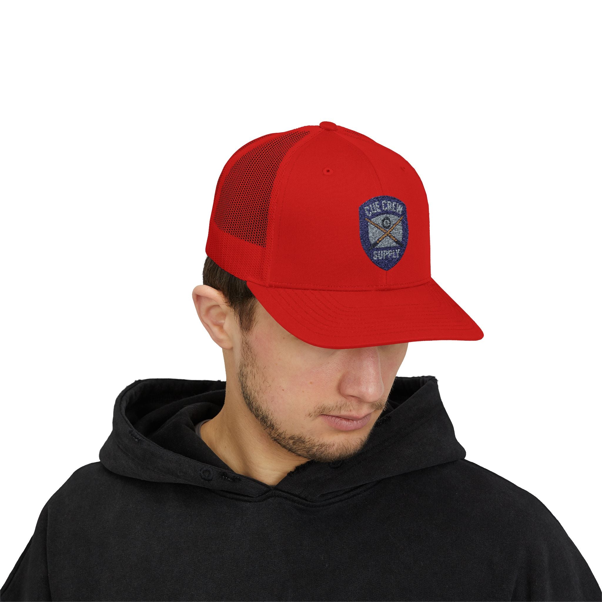 Cue Crew Supply V1 Embroidered Patch Trucker Hat - Yupoong