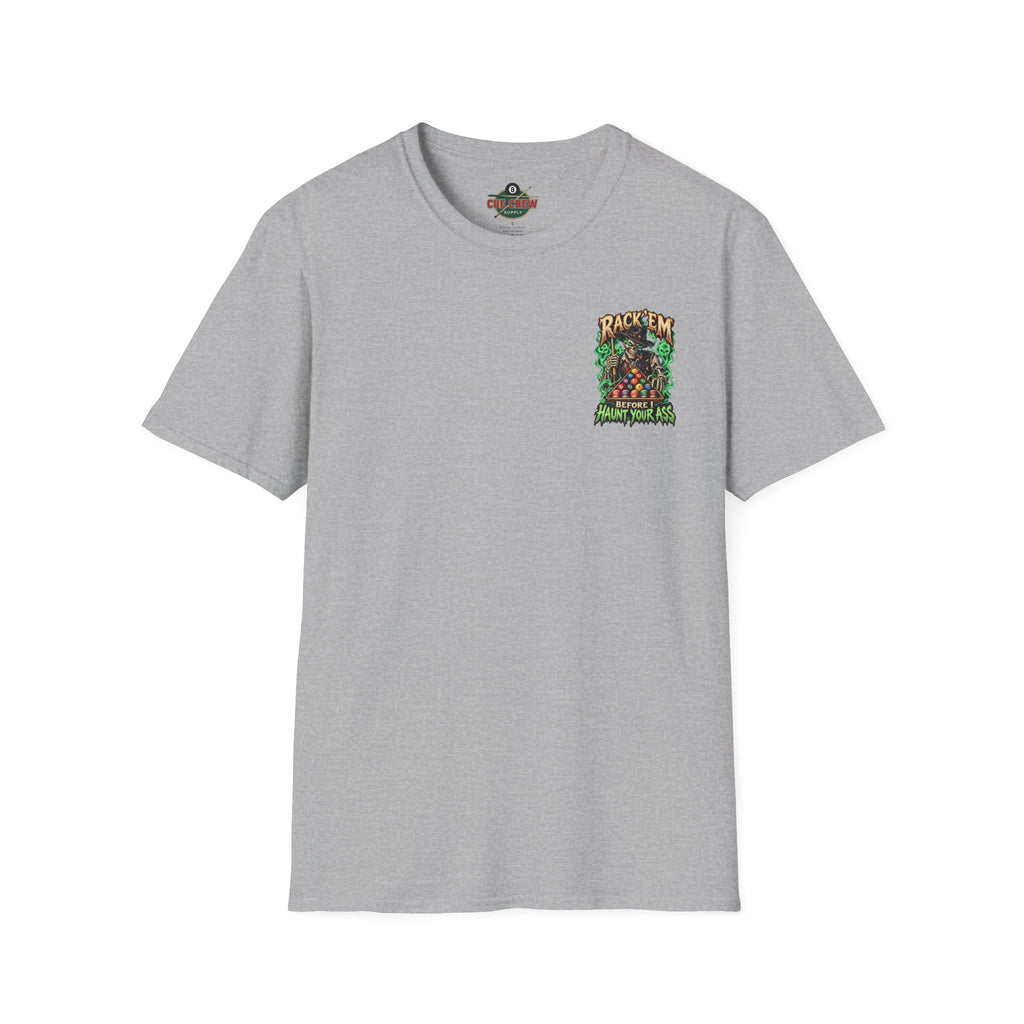 Rack ’Em Before I Haunt Your Ass – Halloween Billiards T-Shirt – Skeleton Pool Player Tee