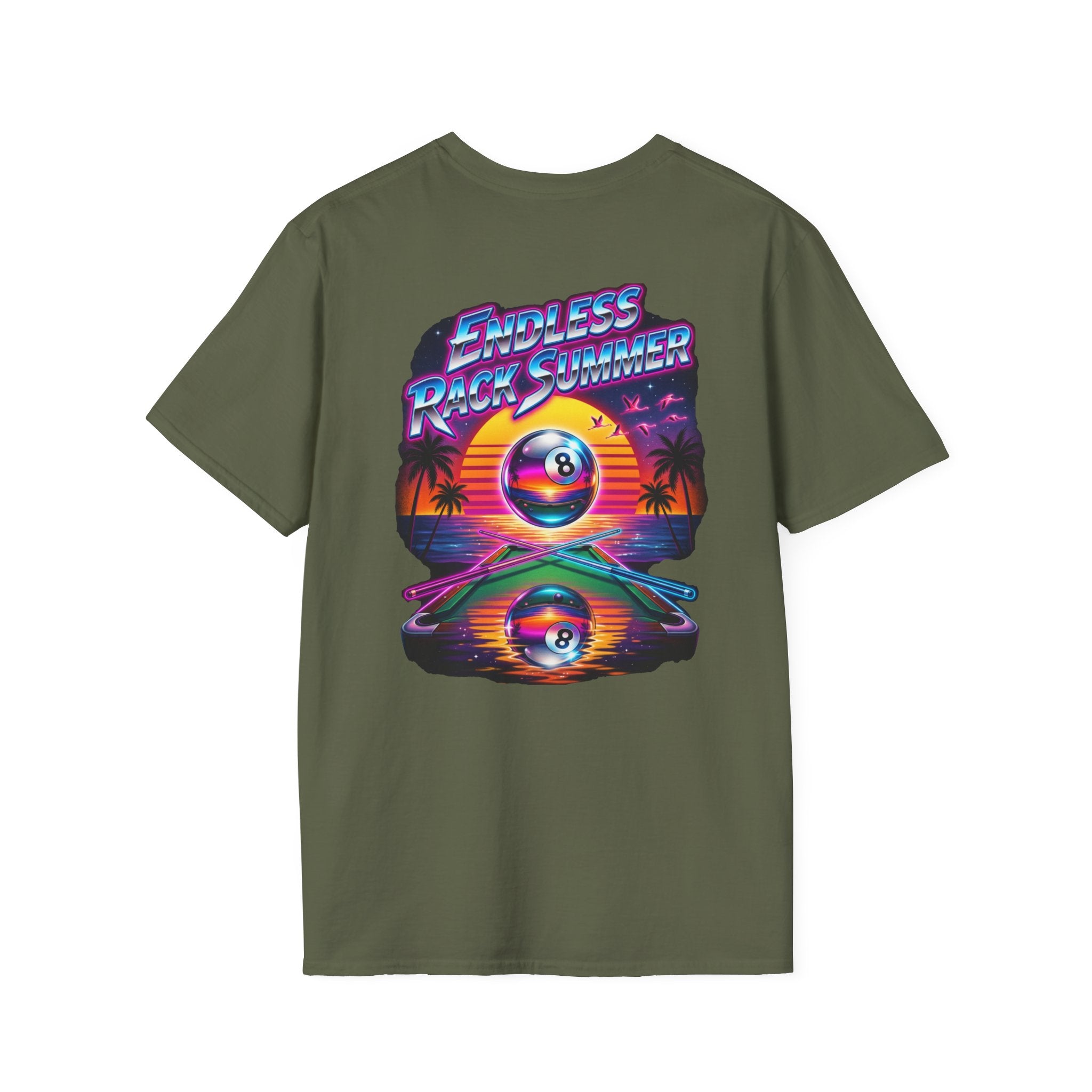 Endless Rack Summer Retro Sunset Billiards T-Shirt | Tropical 8 Ball Pool Player Graphic Tee | Front & Back Print
