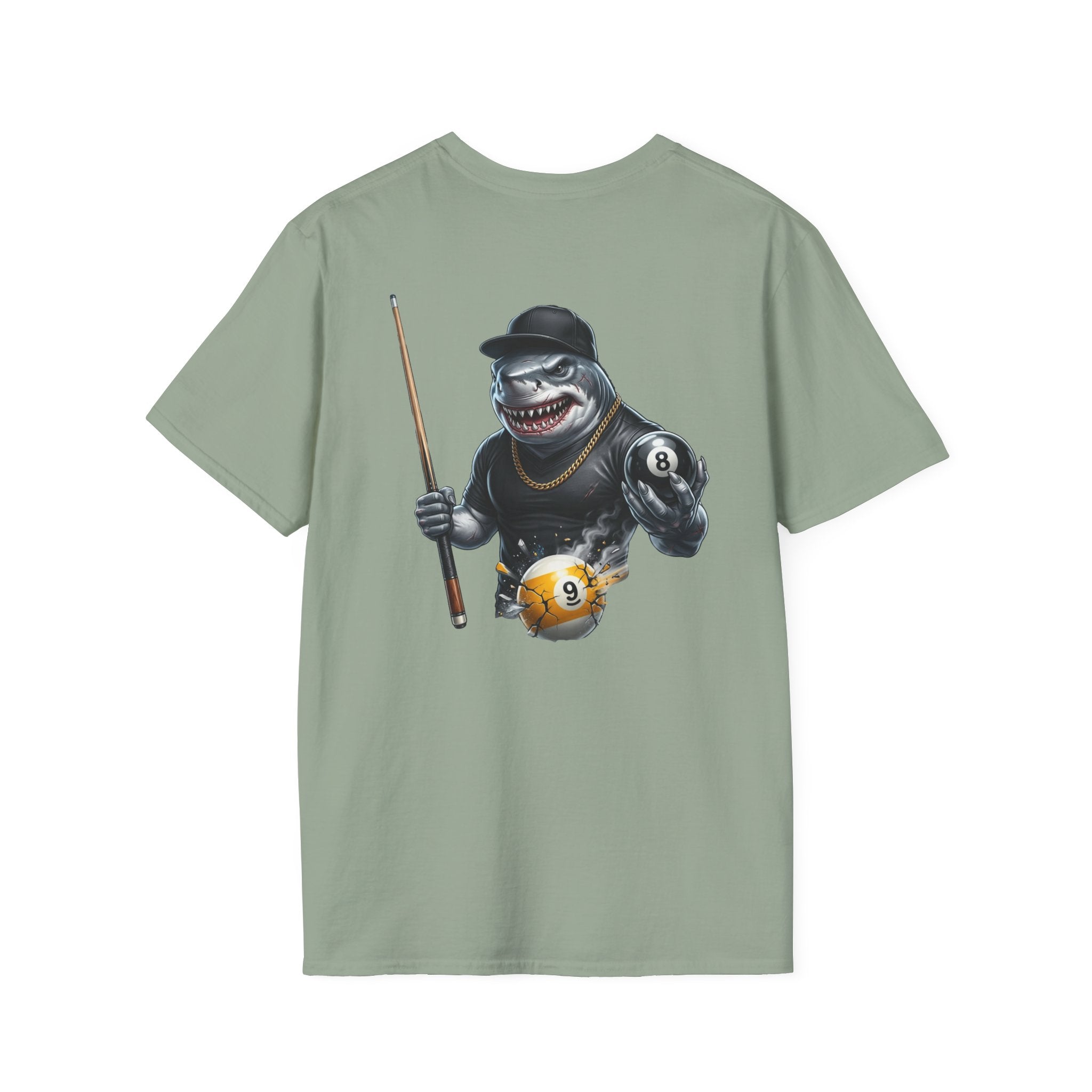 Pool Hall Predator Shark Billiards T-Shirt | Front & Back Print Gangster 8 Ball & Breaking 9 Ball Graphic Unisex Tee
