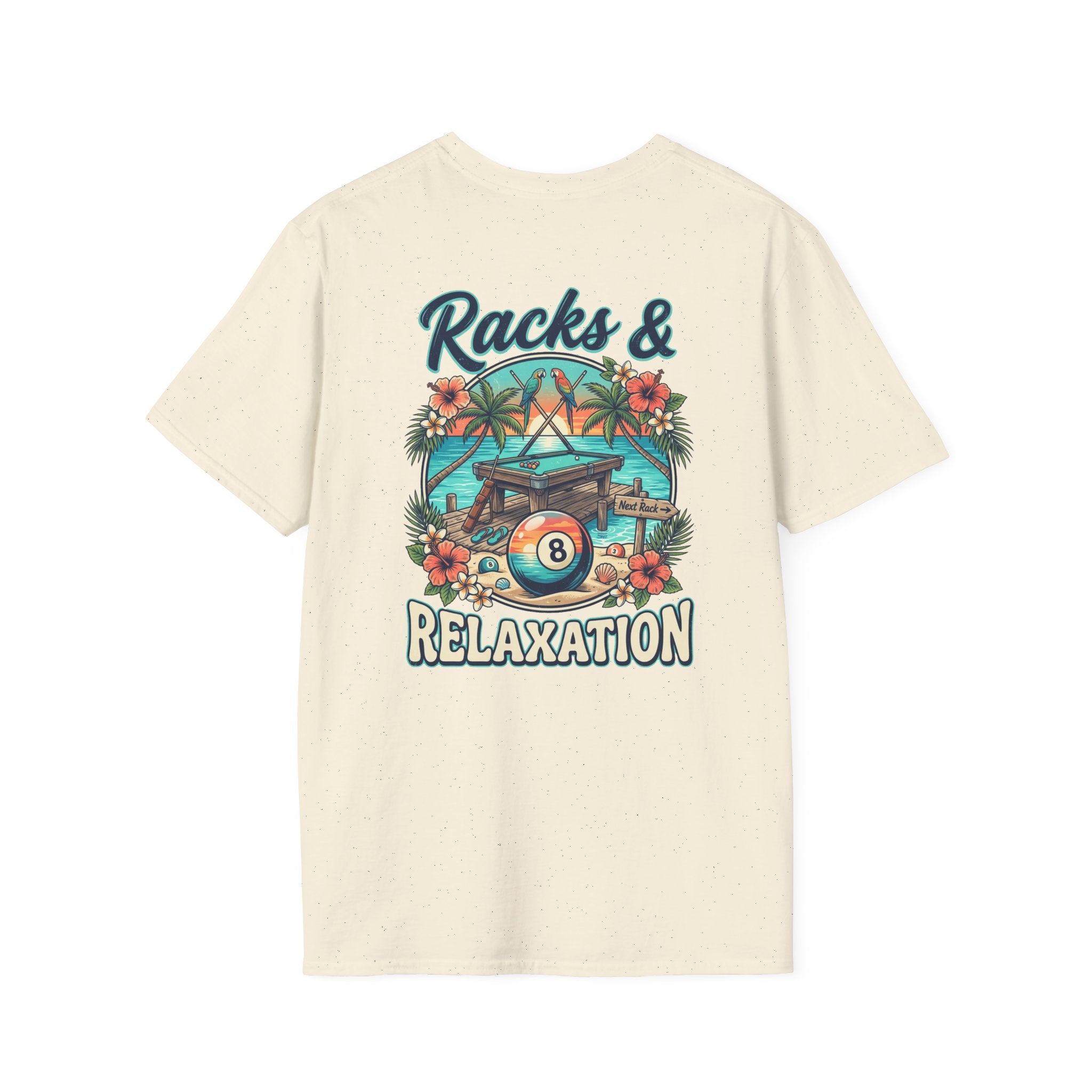 Racks & Relaxation Tropical Billiards T-Shirt | Beach Pool Player Graphic Tee | Front & Back Print