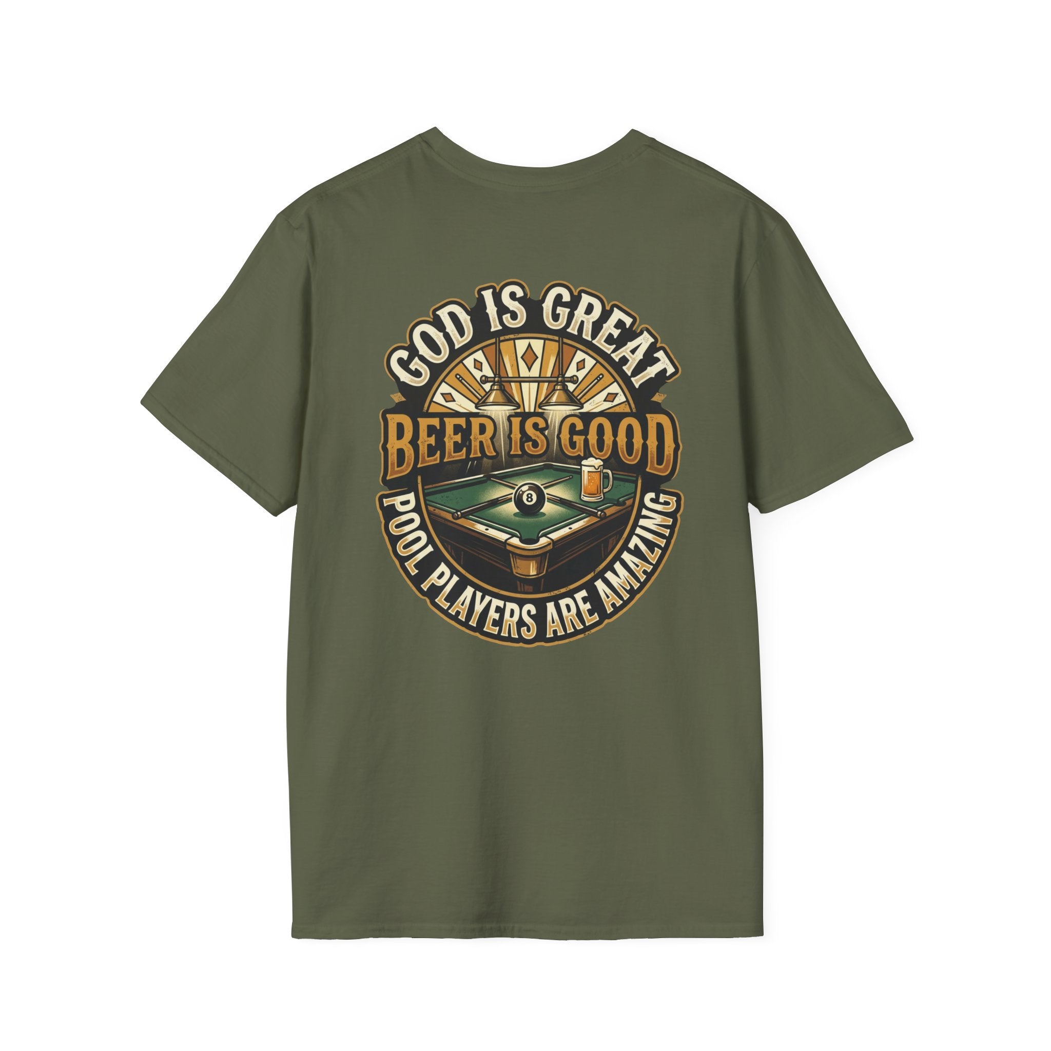God Is Great Beer Is Good Pool Players Are Amazing Billiards T-Shirt | Funny Pool Player Graphic Tee | Front & Back Print