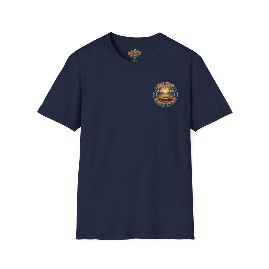 Last Rack Before Sunset Billiards T-Shirt | Tropical Pool Player Beach Graphic Tee | Front & Back Print
