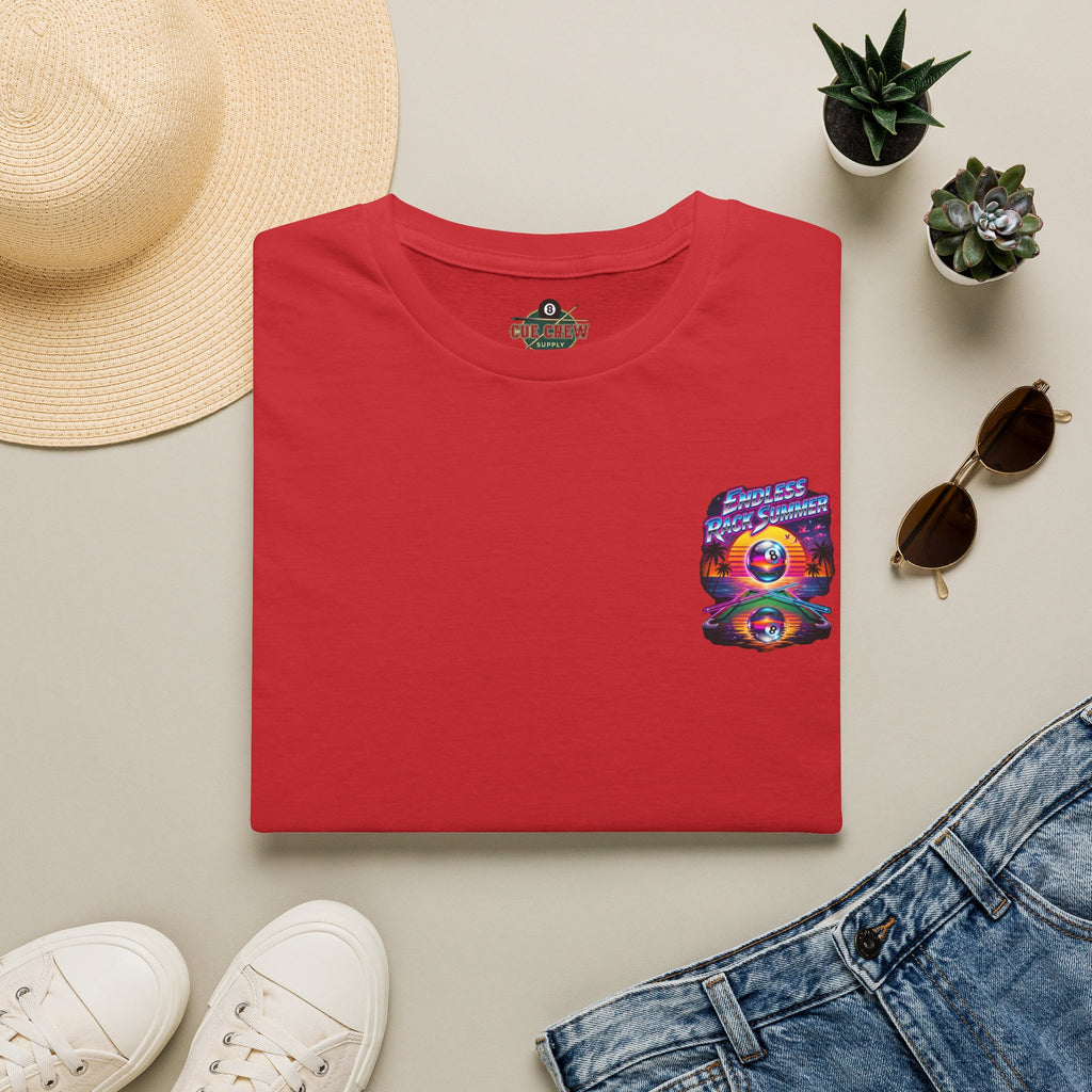 Endless Rack Summer Retro Sunset Billiards T-Shirt | Tropical 8 Ball Pool Player Graphic Tee | Front & Back Print