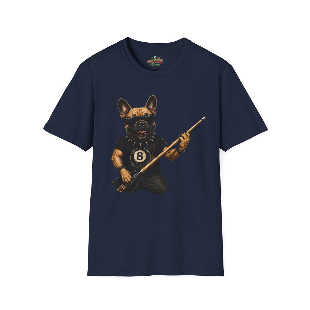 Rockin' French Bulldog Playing Cue Guitar Funny Billiards T-Shirt | Pool Dog Graphic Front Print Unisex Tee