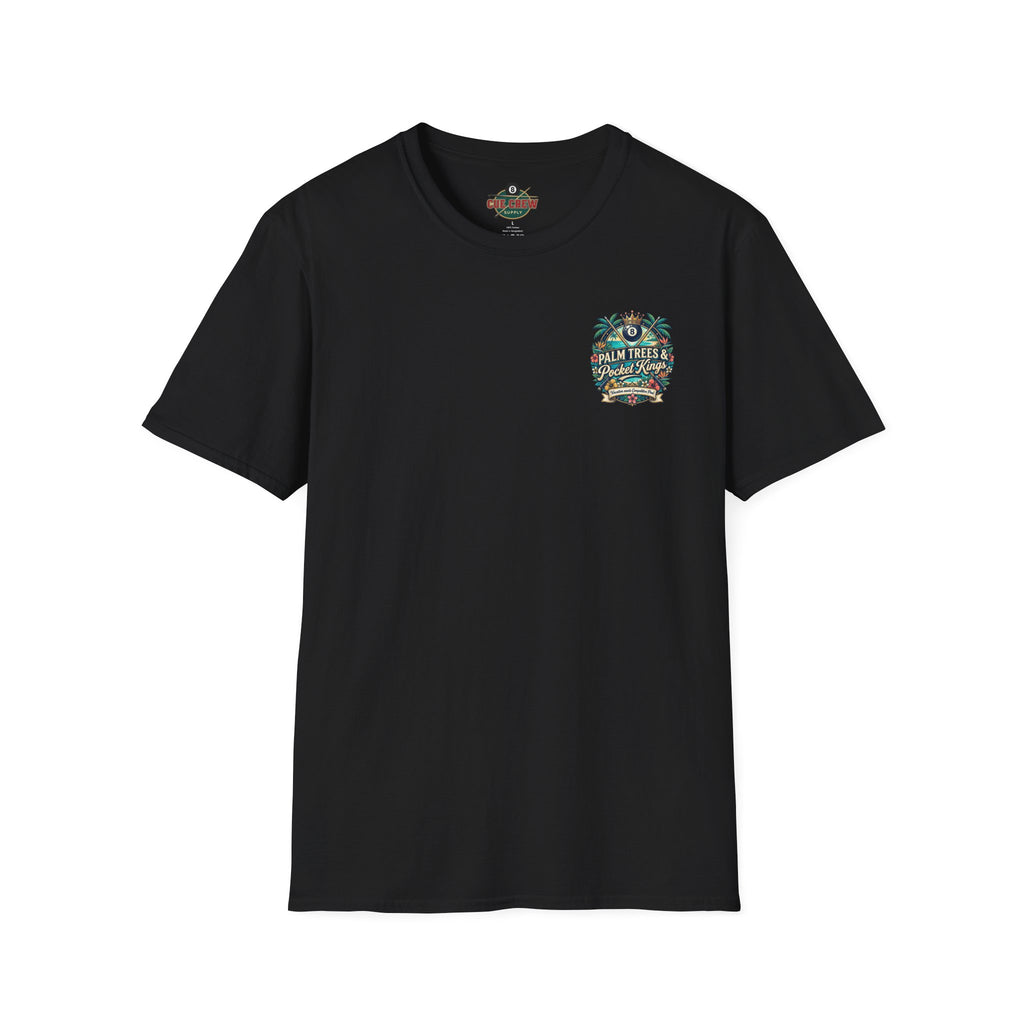 Palm Trees & Pocket Kings Billiards T-Shirt | Tropical Pool Player Graphic Tee | Vacation Pool Hall Shirt | Front & Back Print