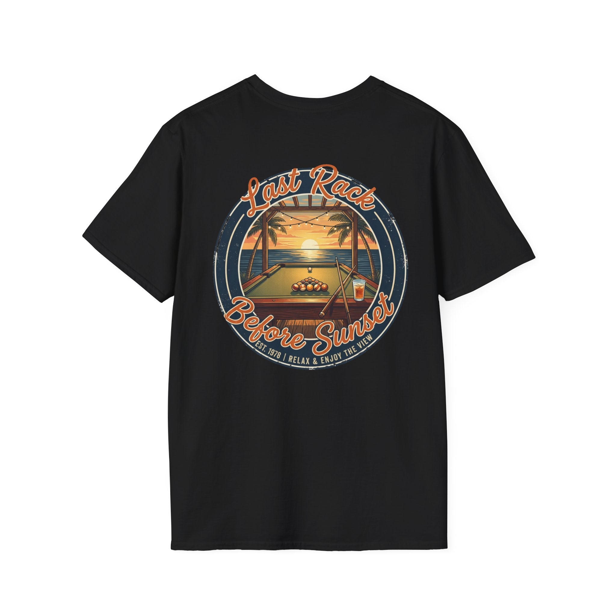 Last Rack Before Sunset Billiards T-Shirt | Tropical Pool Player Beach Graphic Tee | Front & Back Print