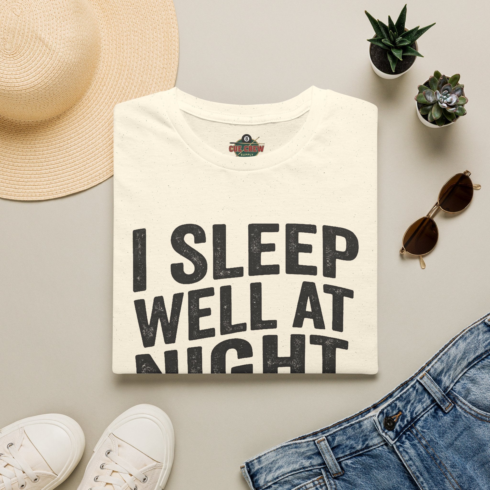 I Sleep Well at Night Funny Billiards T-Shirt – Pool Player 8 Ball Graphic Tee