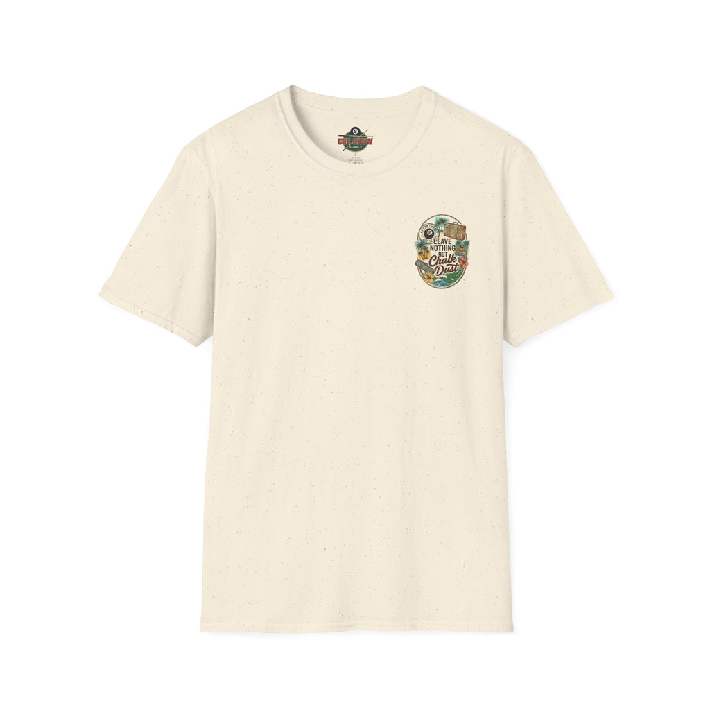 Leave Nothing But Chalk Dust | Tropical Pool Hall Vacation Billiards T-Shirt | Front & Back Graphic Tee