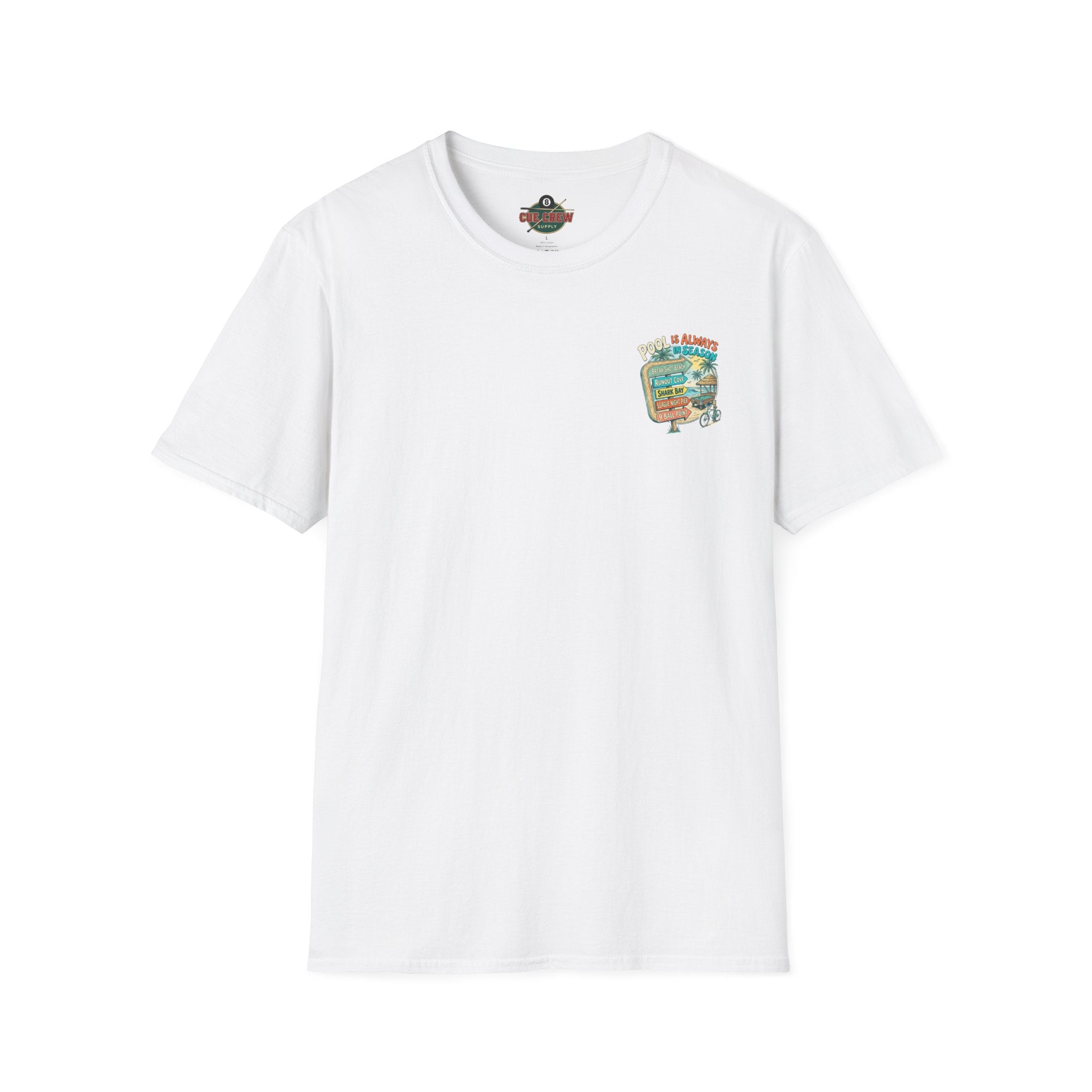 Pool Is Always in Season Billiards T-Shirt | Beach Pool Player Graphic Tee | Tropical Runout Cove Front & Back Print