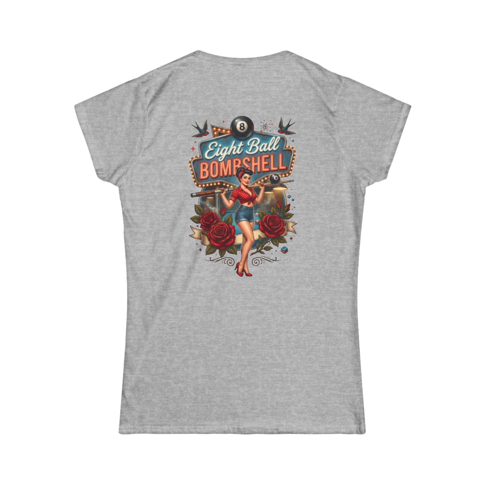 Eight Ball Bombshell V2 Women's Billiards T-Shirt | Retro Pin-Up Pool Player Graphic Tee | Front & Back Print