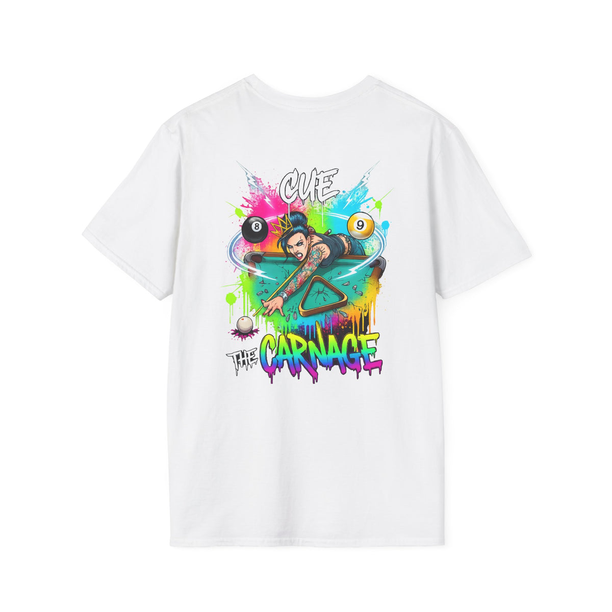 Cue the Carnage Funny Billiards T-Shirt – Tattooed Pool Shark Graphic Tee | Front & Back Print